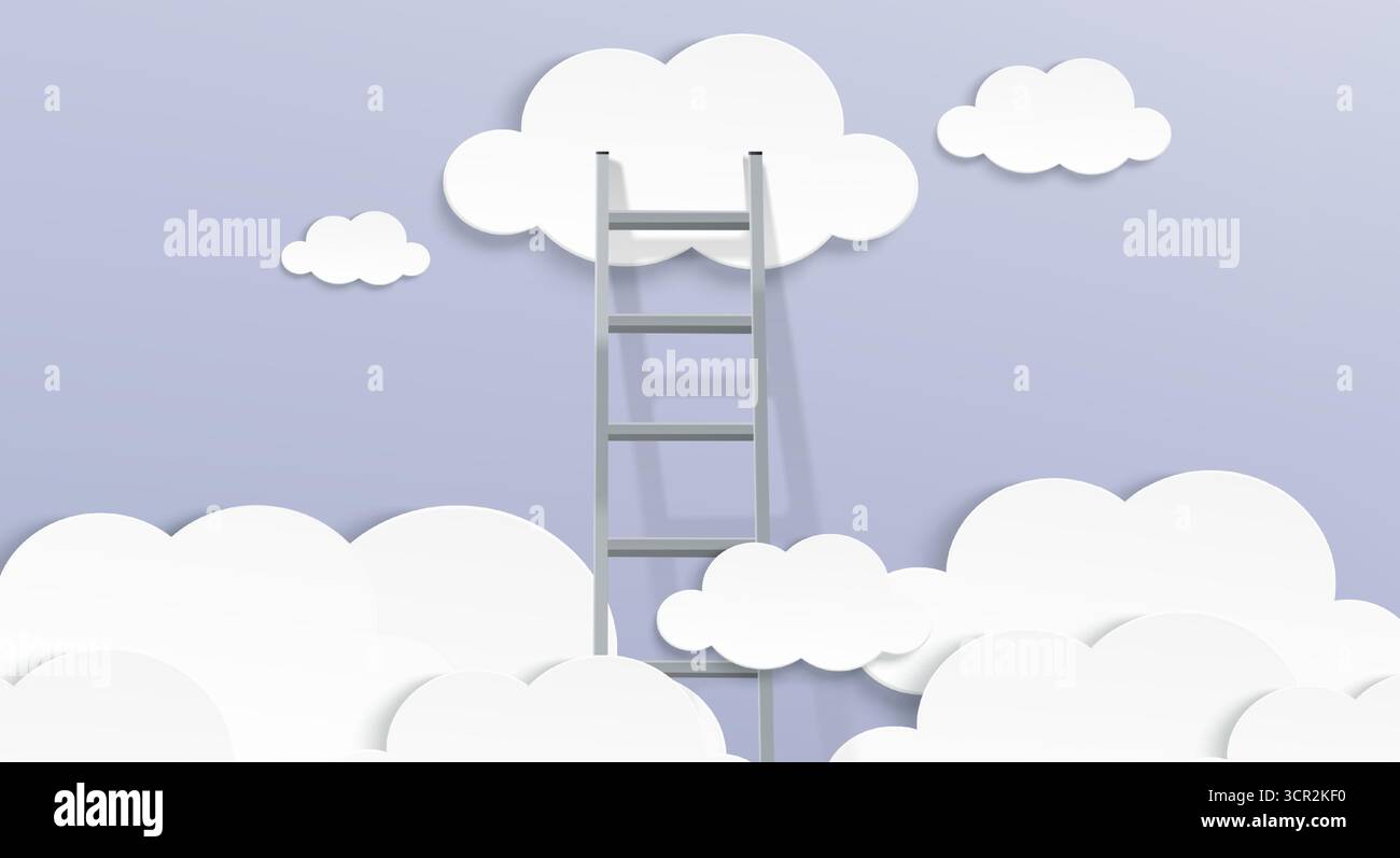 Ladder with cloud cutouts on sky background for success concept. Paper art style composition with steps reaching upward through white cumulus. Business growth metaphor or achievement illustration. Stock Vector