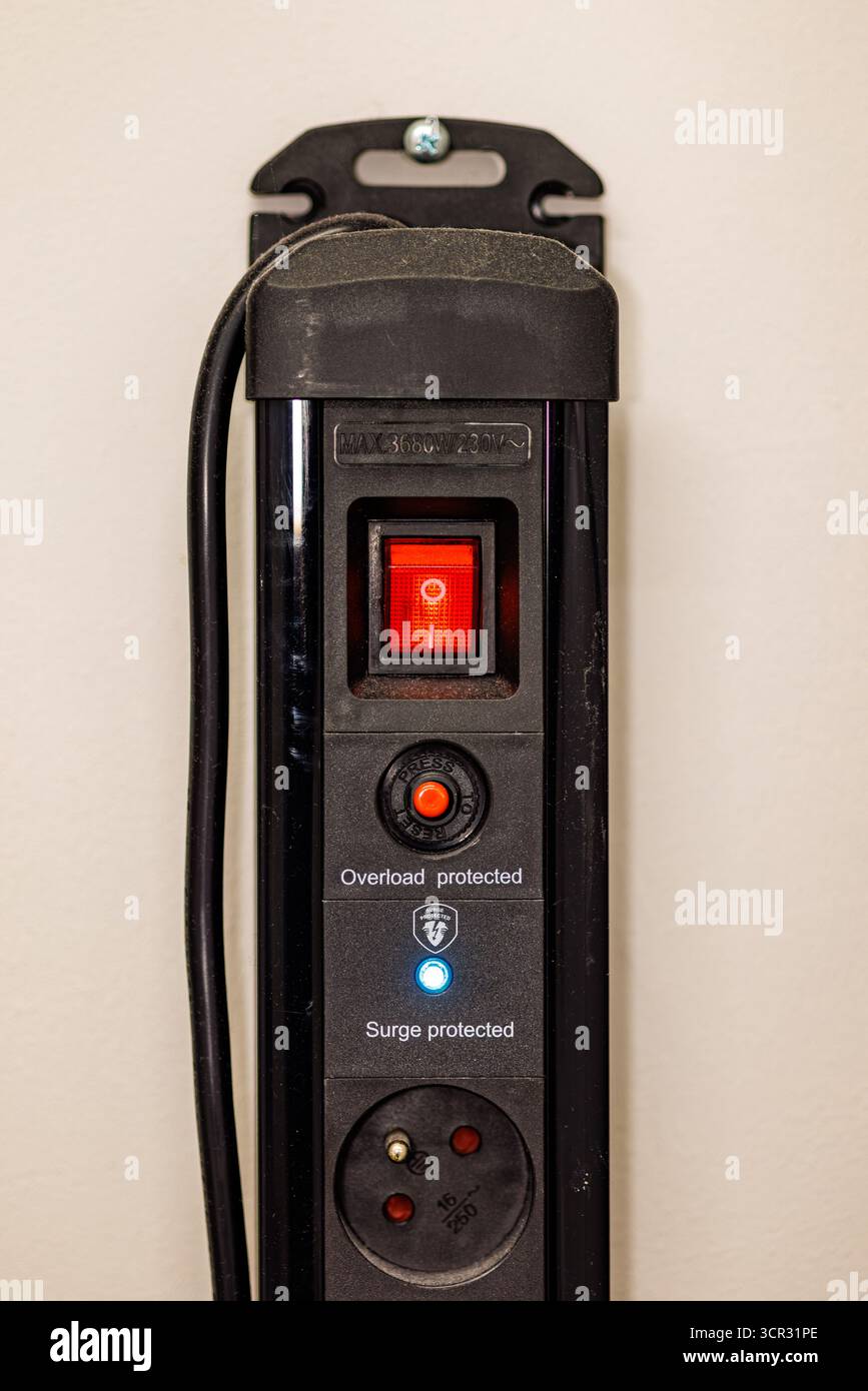 Power extension strip with switch and protection Stock Photo