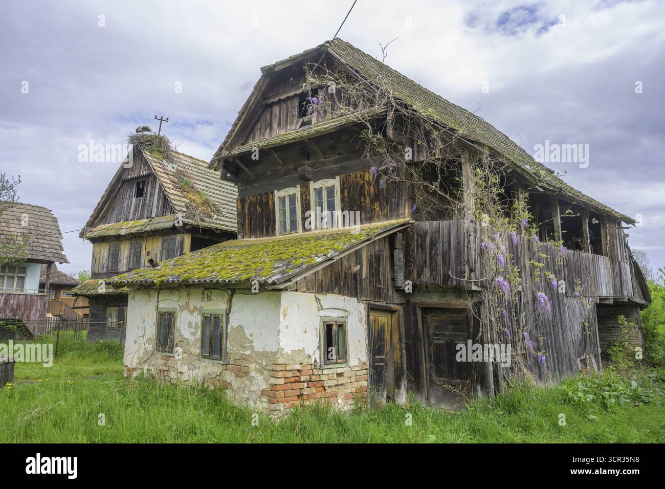 Old dilapidated wooden house, Cigoc, Sisak-Moslavina County, Croatia Stock Photo