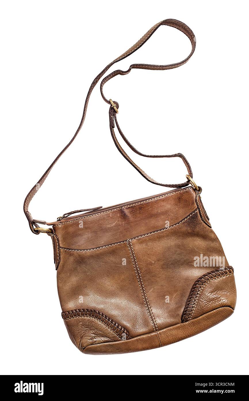 Old brown leather shoulder bag isolated over white Stock Photo