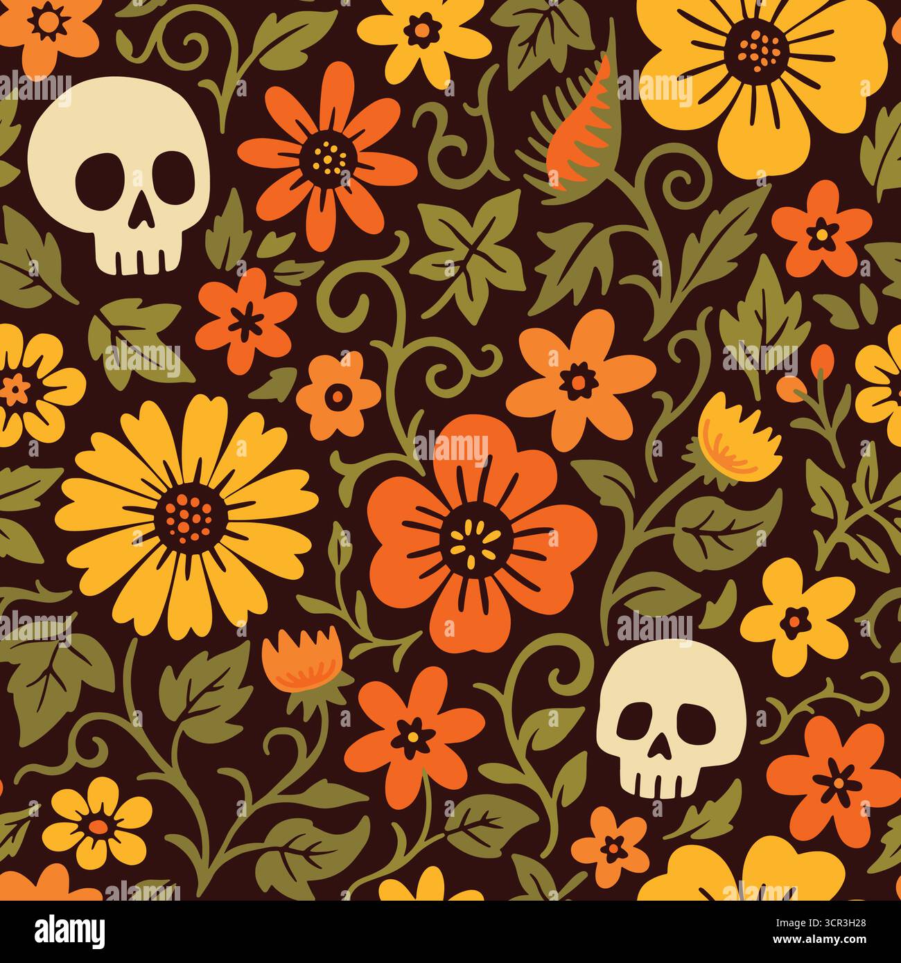 Skulls and Flowers seamless pattern. Vector illustration flat design background. Stock Vector