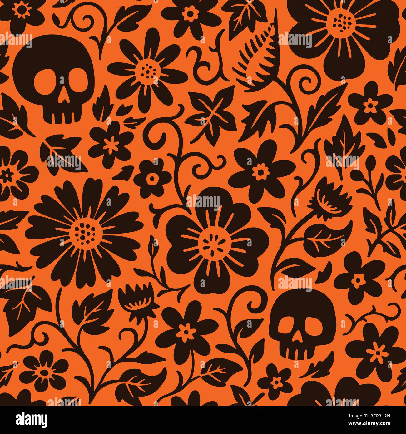 Skulls and Flowers seamless pattern. Vector illustration flat design background. Stock Vector