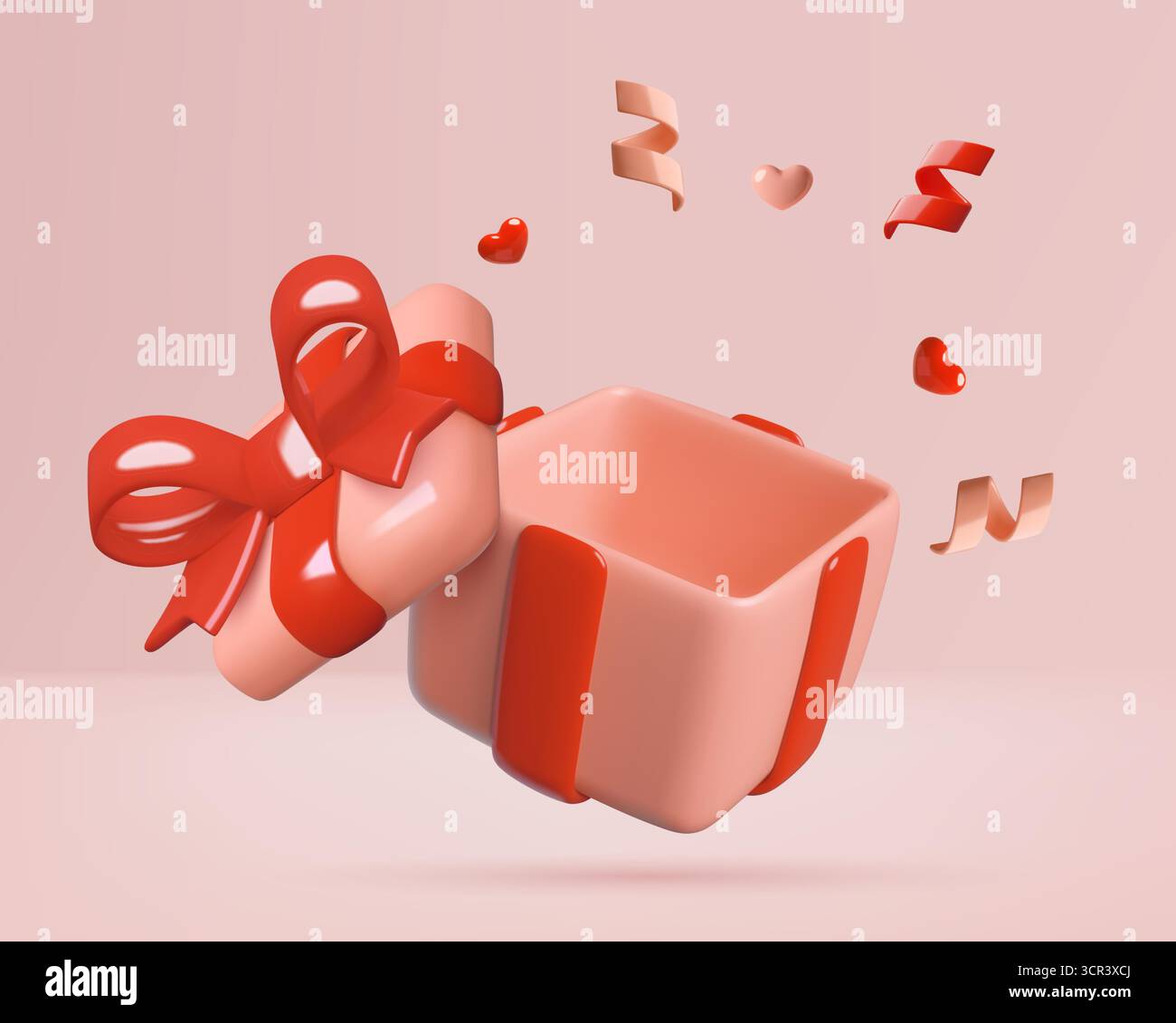 Red gift box opened empty inside and exploding with hearts and confetti 3d realistic illustration Stock Vector