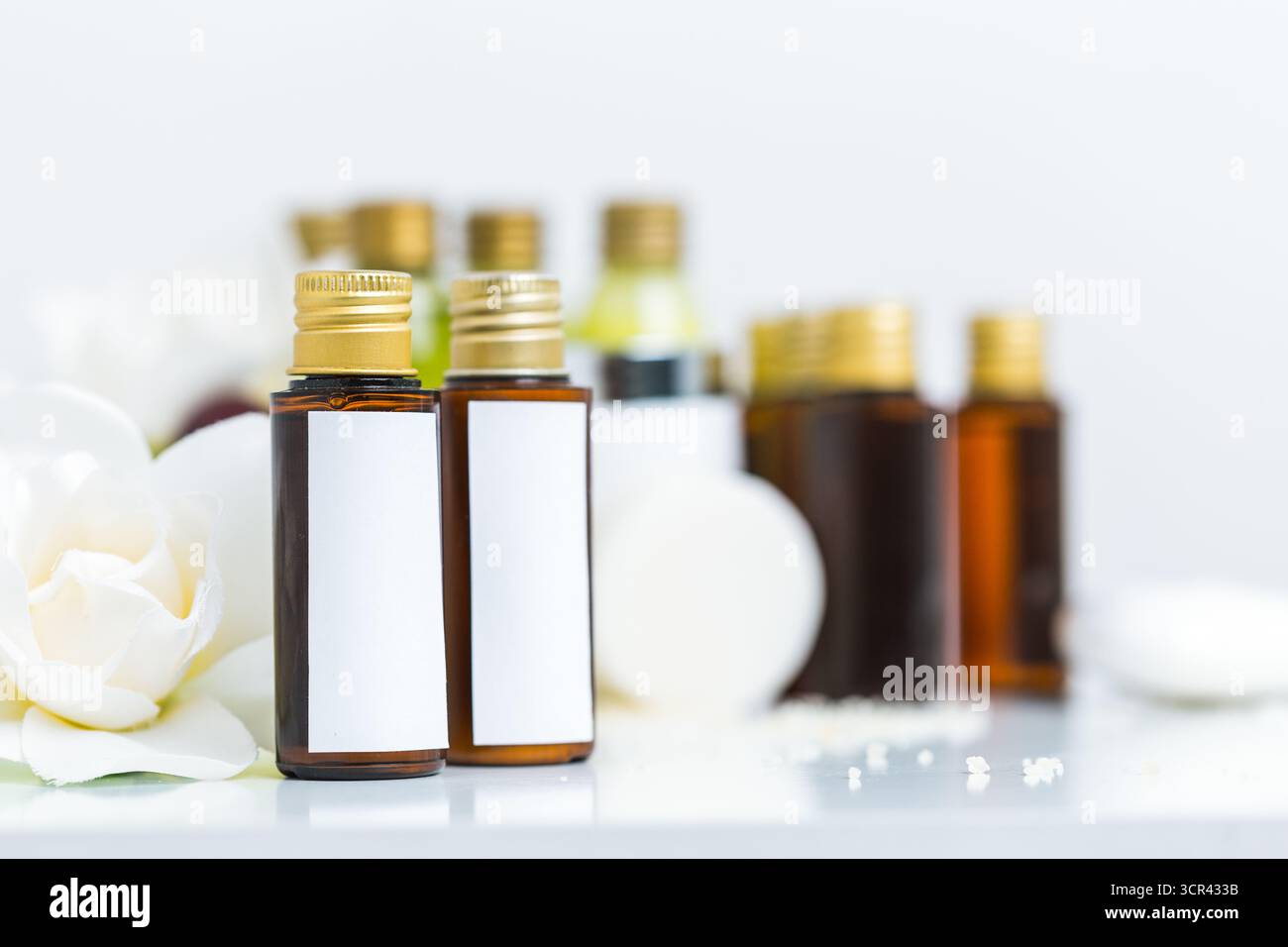 Assorted essential oil bottles displayed on a shelf with white flowers in a wellness setting Stock Photo