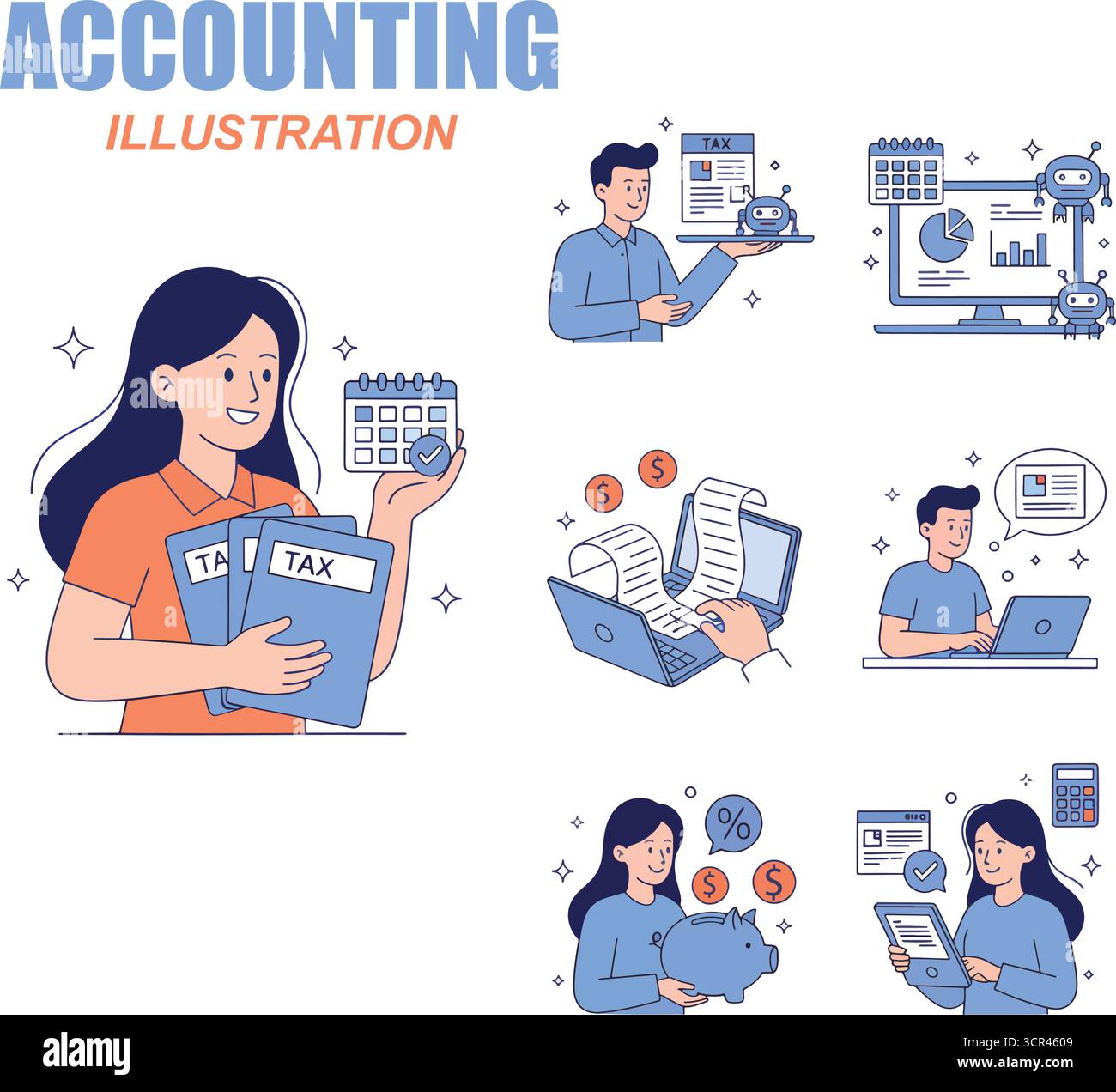 AI technology in finance and accounting set. Collection of characters preparing automated tax return with artificial intelligence algorithms, machine Stock Vector