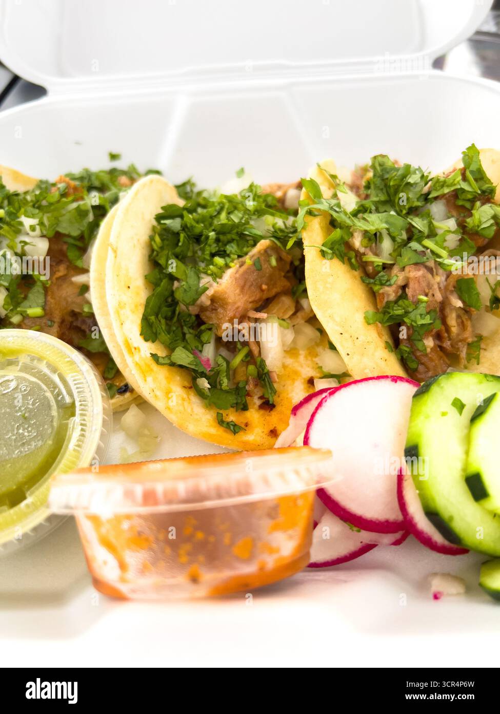 Close View of Tacos with Colorful Salsas Stock Photo