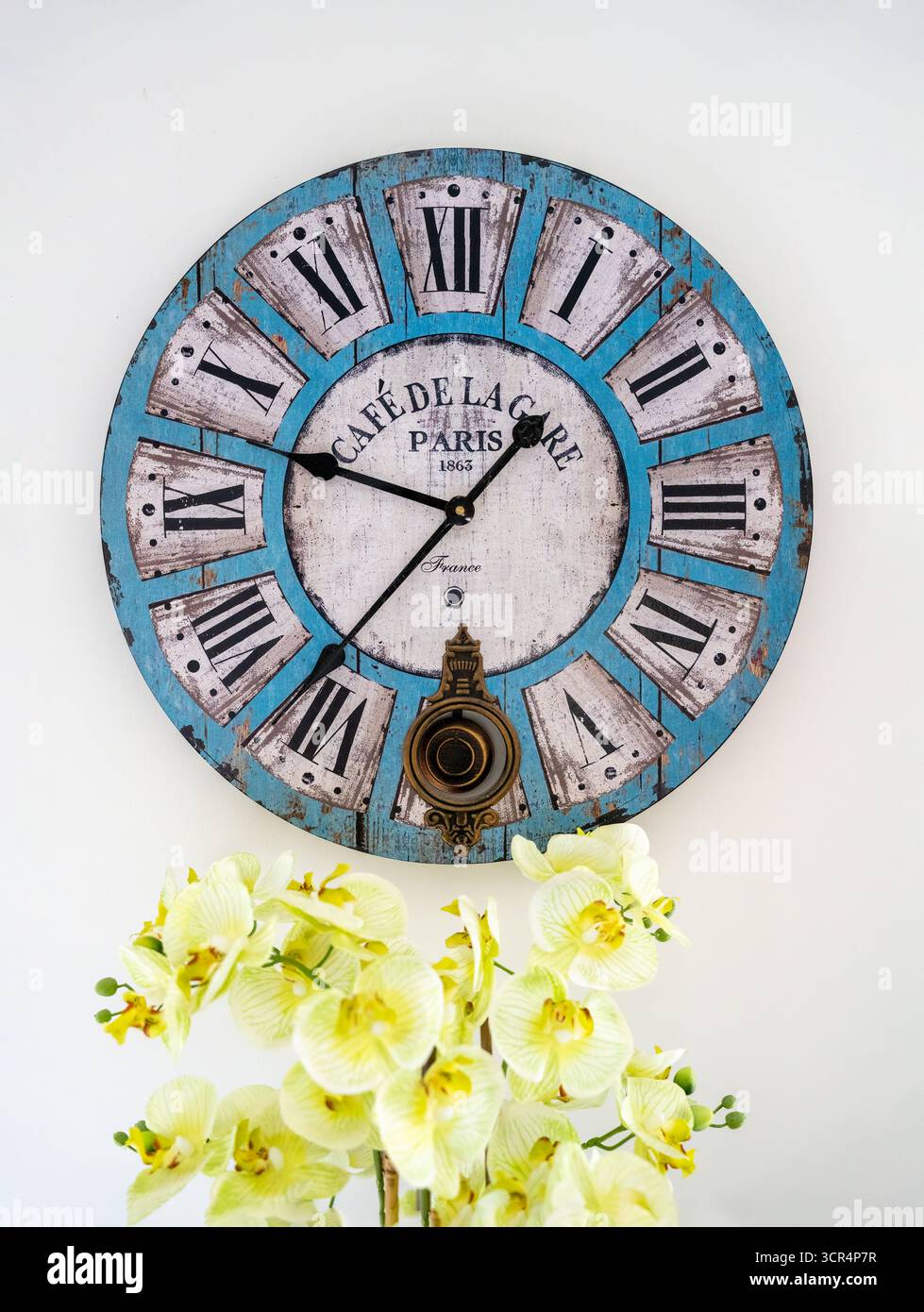 A large blue coloured wall clock with Roman numerals, hanging on a white wall with a bowl of yellow Orchids in front Stock Photo