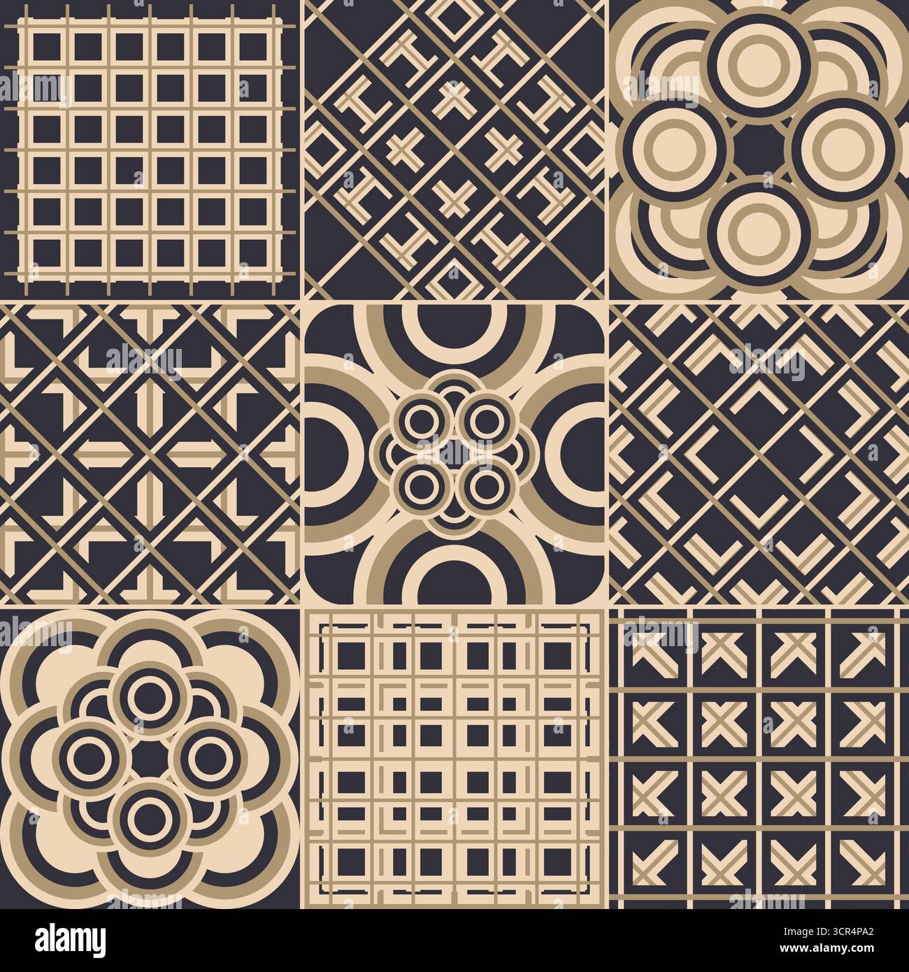 Abstract black and beage ceramic tiles ornate background vector set. Stock Vector