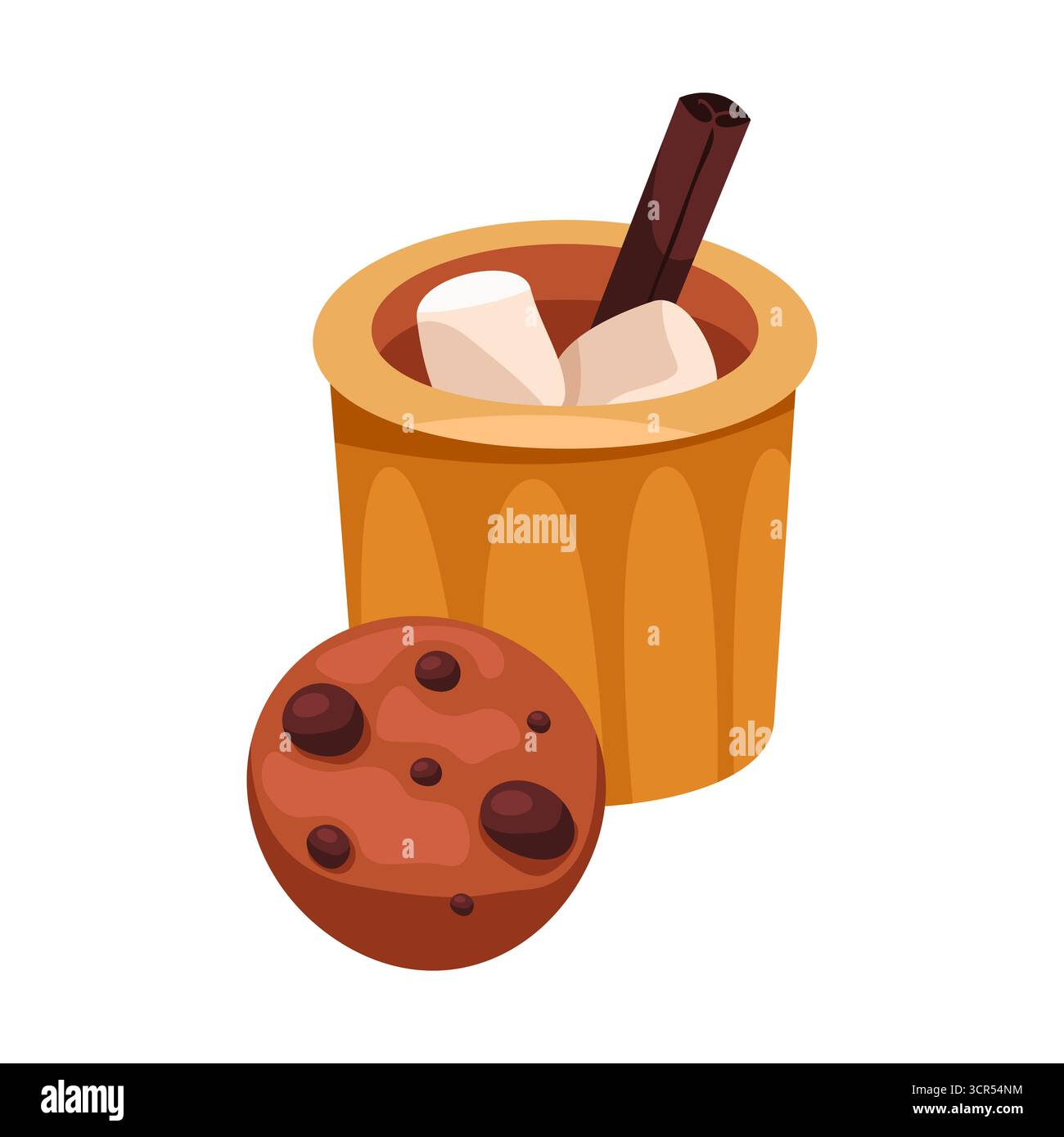 Cocoa drink with marshmallow and cookie. Vector chocolate beverage in cup or mug with biscuit snack. Cafe and restaurant, bakery shop, store sign. Drink with sweet confectionery. Snack for coffeehouse Stock Vector