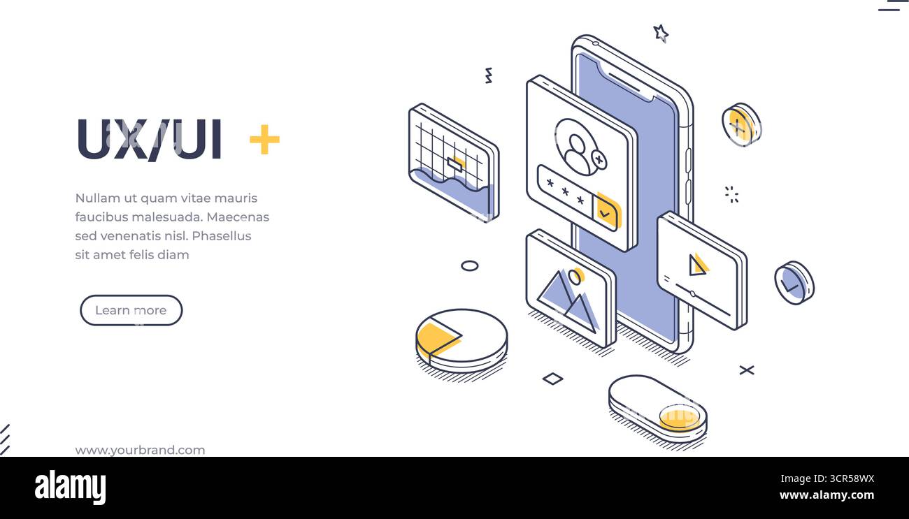 UX UI design mobile phone user interface development isometric web banner template line vector illustration. Smartphone programming technology softwar Stock Vector
