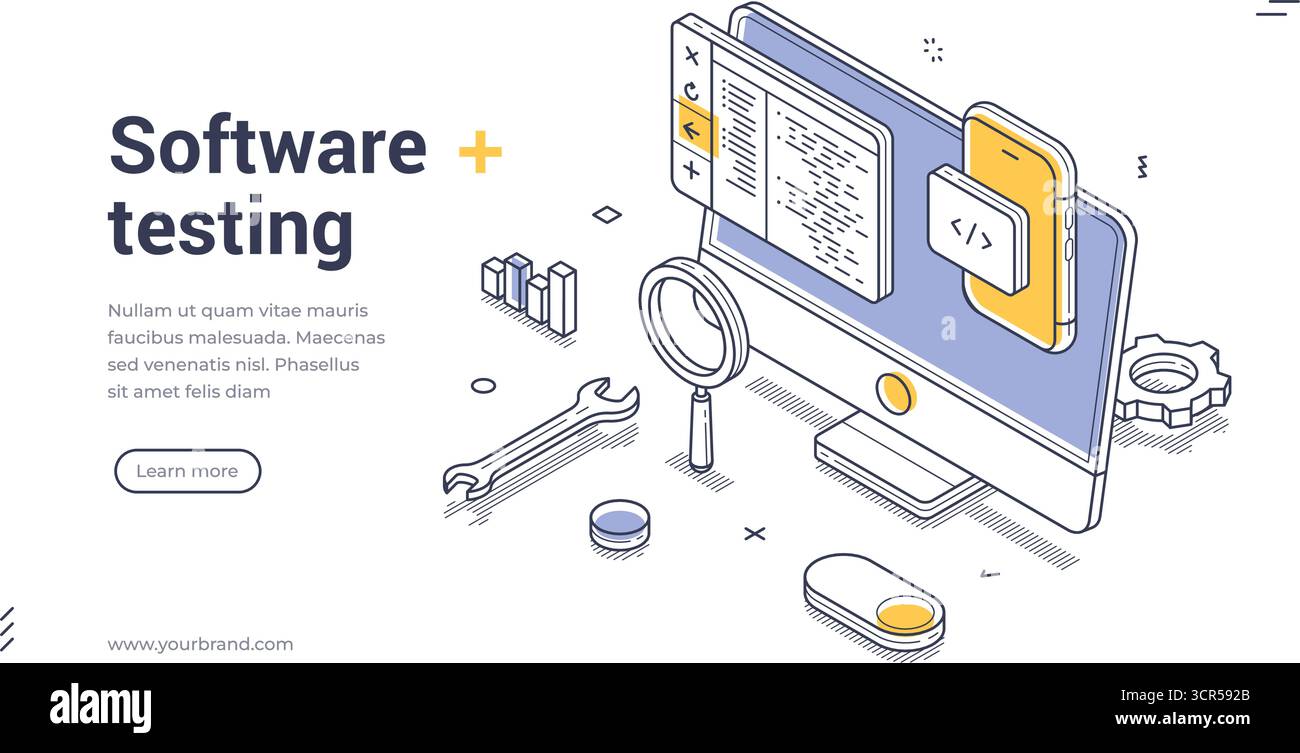 Software testing coding programming isometric web banner design template line vector illustration. Computer program code development datum automation Stock Vector
