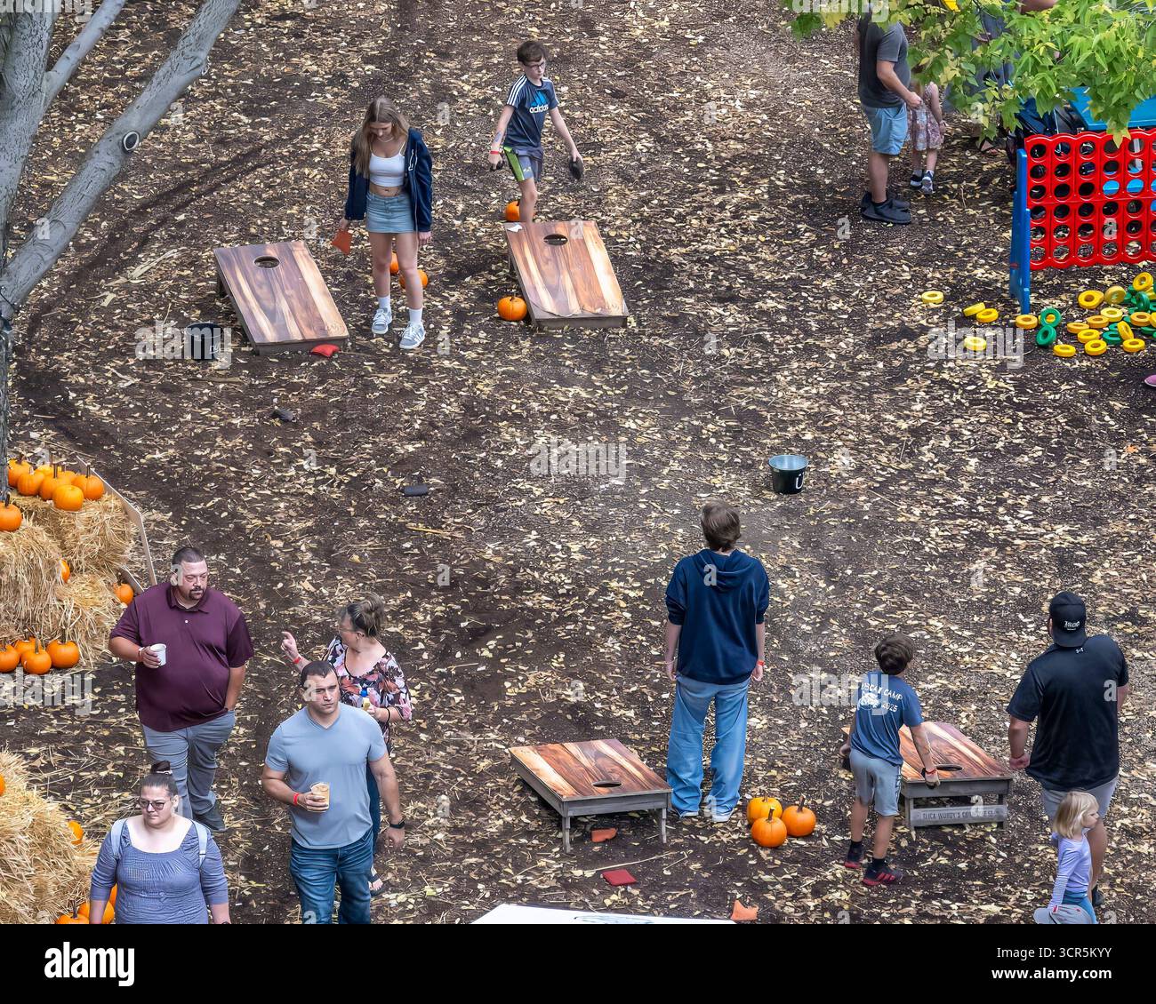 A corn hole game at a fall festival along the Riverwalk in Chicago Stock Photo