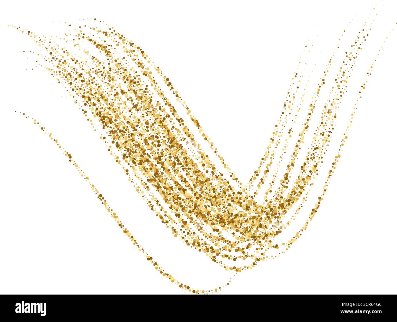 Dynamic golden waves with small shimmer particles and shine effects. Gold stipple flow waves, glitter undulate pattern. Golden vector curved dashed gr Stock Vector