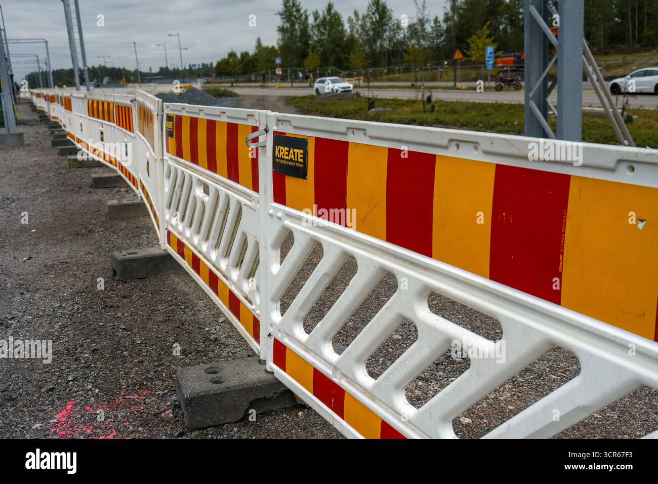 Jarvenpaa, Finland - September 2, 2025 - Construction barriers at Ainola train station. Stock Photo