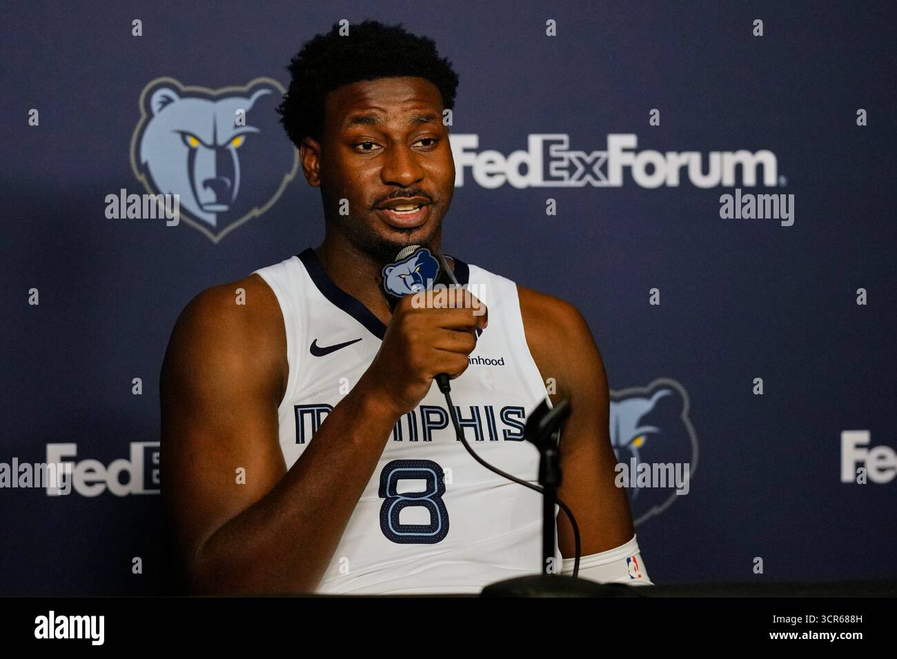Memphis Grizzlies forward Jaren Jackson Jr. (8) speaks during a news ...