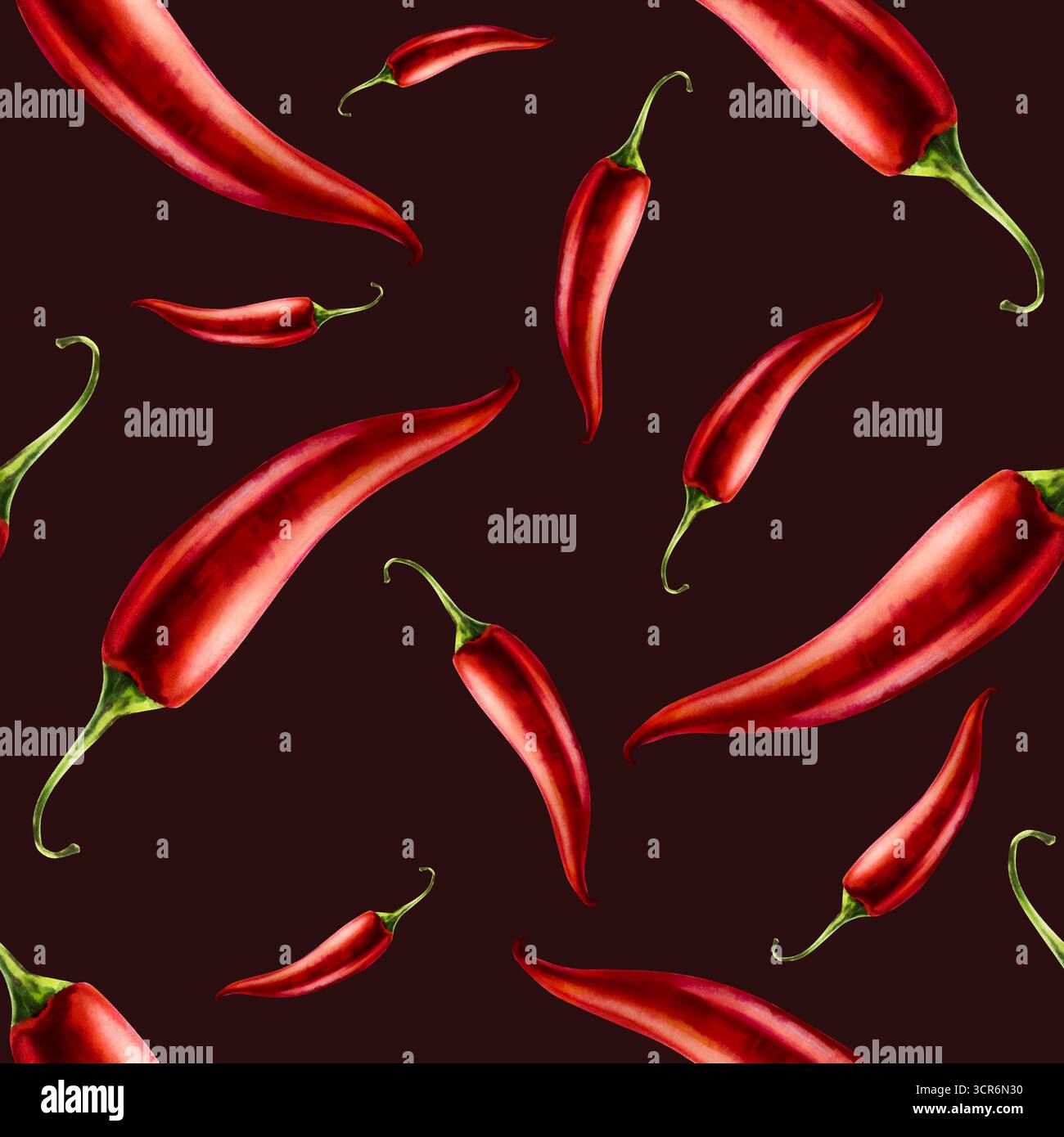 Salsa Pattern Pepper Red chilli pepper seamless pattern. Watercolor hand drawn cayenne, bell ...