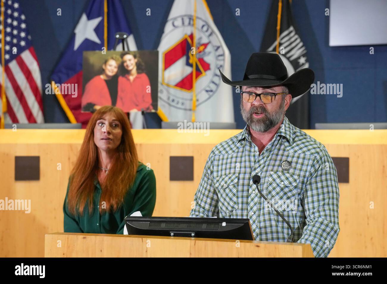 Austin, Texas, USA. 29 Sept, 2025. Brother SHAWN AYERS, r, and wife ANGIE AYERS speak while remembering his sister as Austin, Texas police announce they've solved the 34-year old Austin Yogurt Shop murder case where four teenage girls were slain at the I Can't Believe It's Yogurt shop on December 6, 1991. The four victims, Amy Ayers, Jennifer Harbison, sister Sarah Harbison and Eliza Thomas, were found bound, gagged and set on fire. New DNA evidence points to serial killer Robert Eugene Brashers as the suspect. Credit: Bob Daemmrich/Alamy Live News Stock Photo