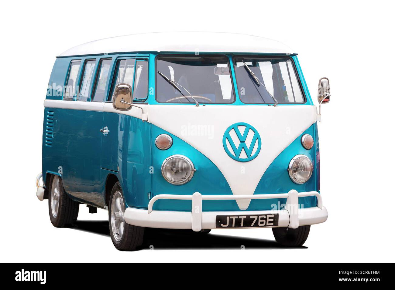 Vintage blue and white Volkswagen split-screen camper van isolated on a white background showcasing a classic design - VW splitty cut out Stock Photo