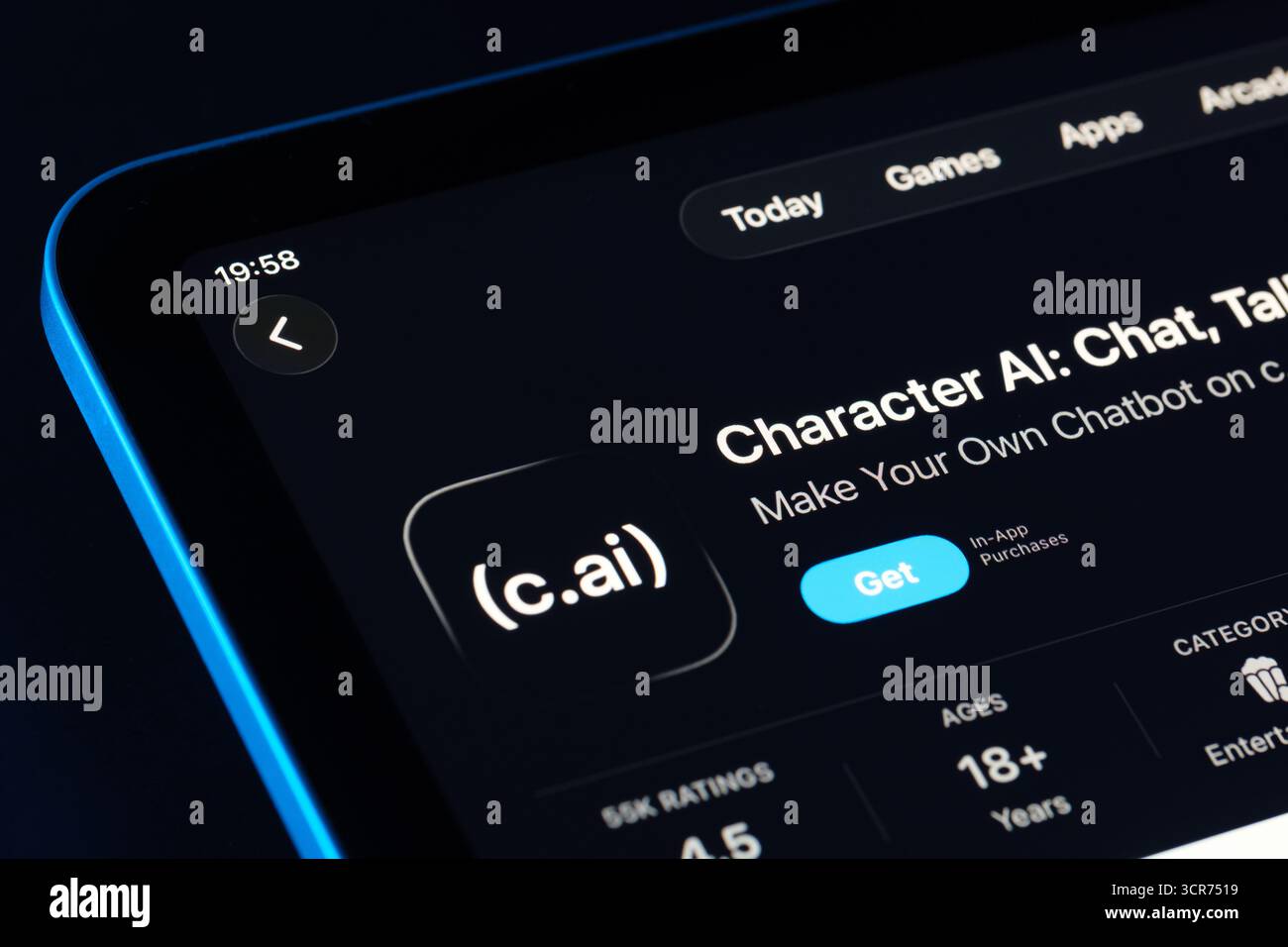 Character AI app page on App Store for iPad, Apple Liquid Glass design in iOS 26 showcased with dark mode. Stafford, United Kingdom, September 29, 202 Stock Photo