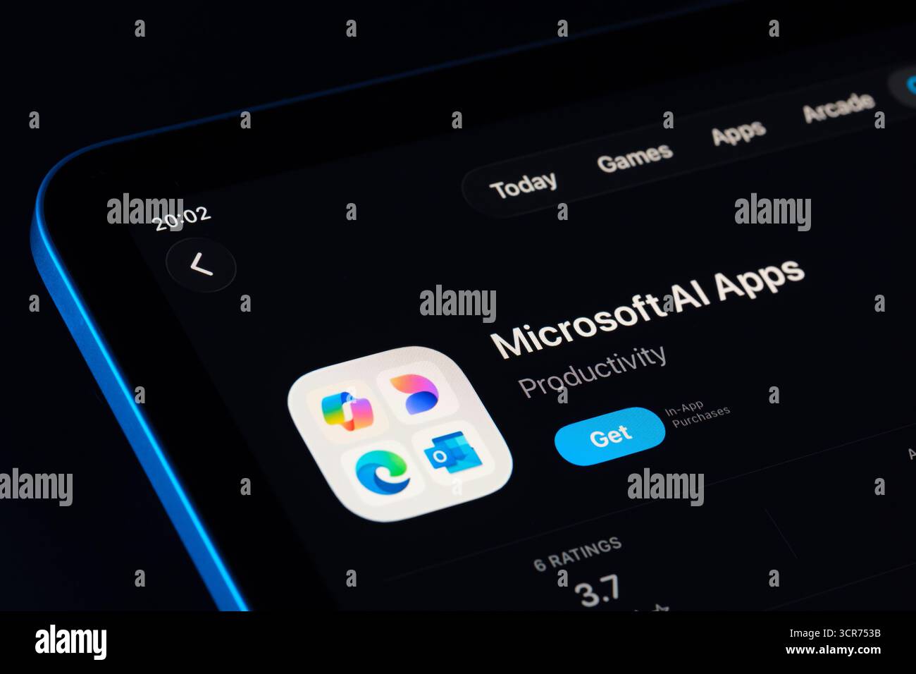Microsoft AI Apps app page on App Store for iPad, Apple Liquid Glass design in iOS 26 showcased with dark mode. Stafford, United Kingdom, September 29 Stock Photo