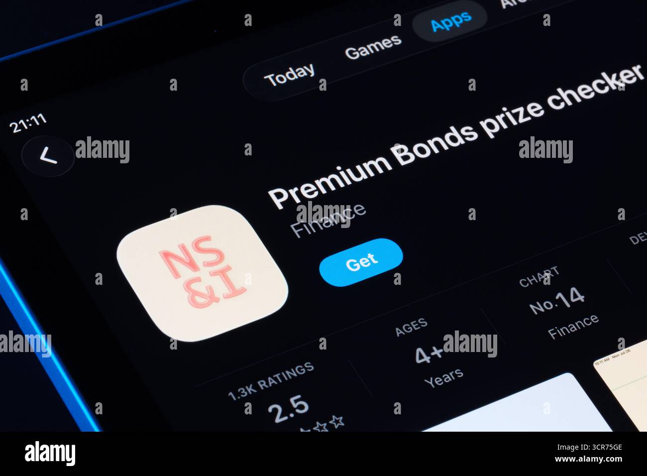 Premium Bonds prize checker on iPad App Store with Apple Liquid Glass design in iOS 26, updated interface and icon shown. Stafford, United Kingdom, Se Stock Photo