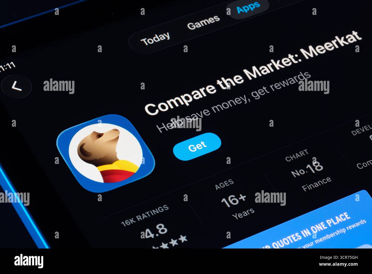 Compare the Market Meerkat on iPad App Store with Apple Liquid Glass design in iOS 26, updated interface and icon shown. Stafford, United Kingdom, Sep Stock Photo