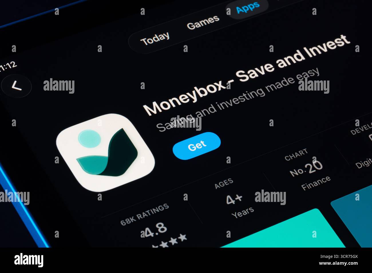 Moneybox Save and Invest search result on iPad App Store using Apple Liquid Glass design in iOS 26, modern translucent UI. Stafford, United Kingdom, S Stock Photo
