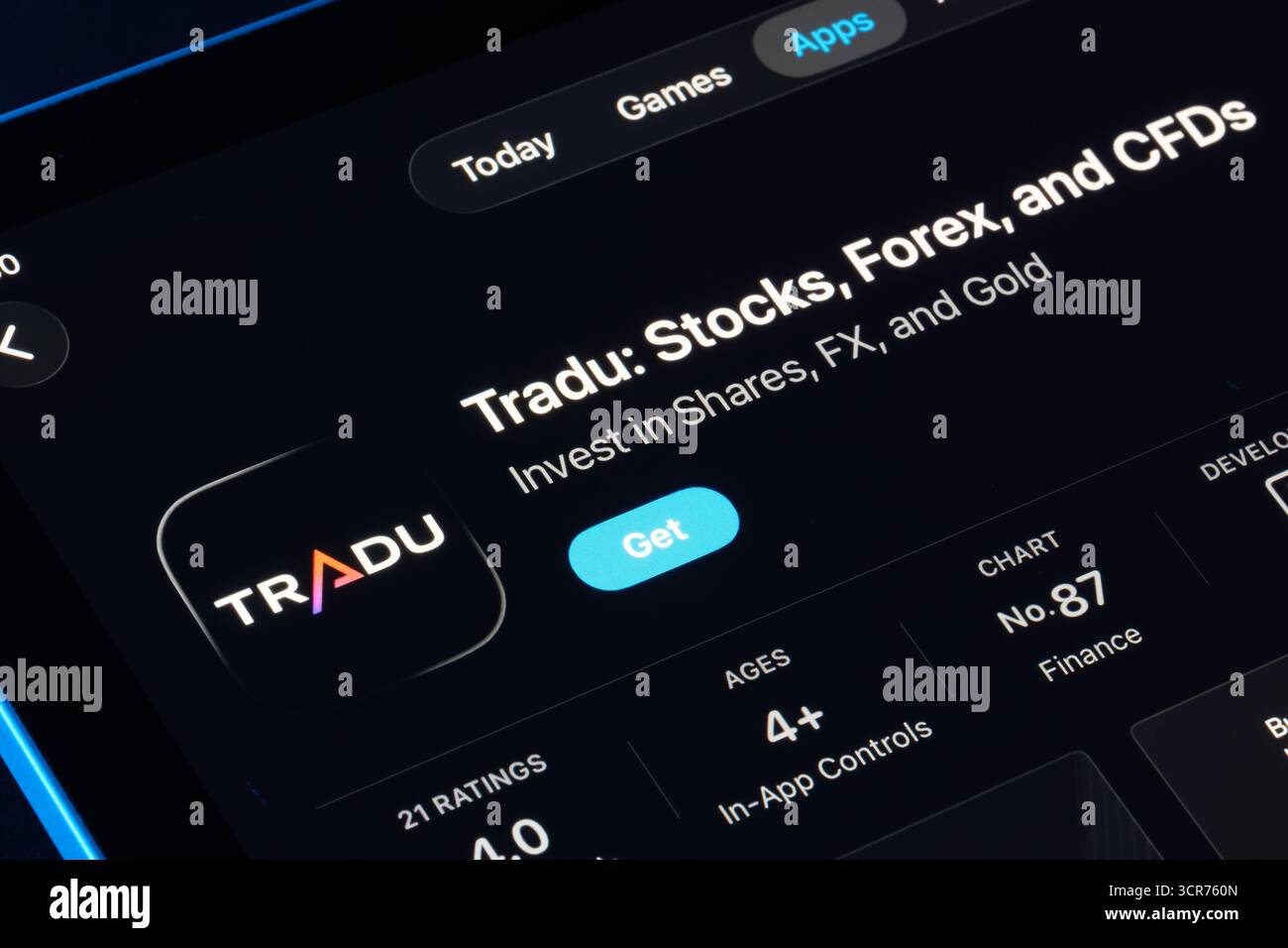 TradeU Stocks Forex and CFDs search result on iPad App Store using Apple Liquid Glass design in iOS 26, modern translucent UI. Stafford, United Kingdo Stock Photo