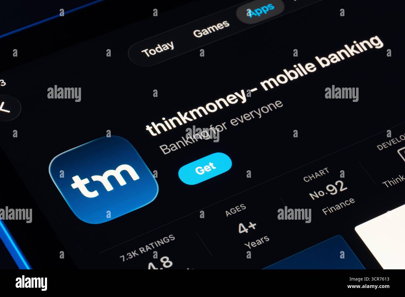 thinkmoney mobile banking product screen on iPad, Apple Liquid Glass design under iOS 26 with updated icon and ratings. Stafford, United Kingdom, Sept Stock Photo