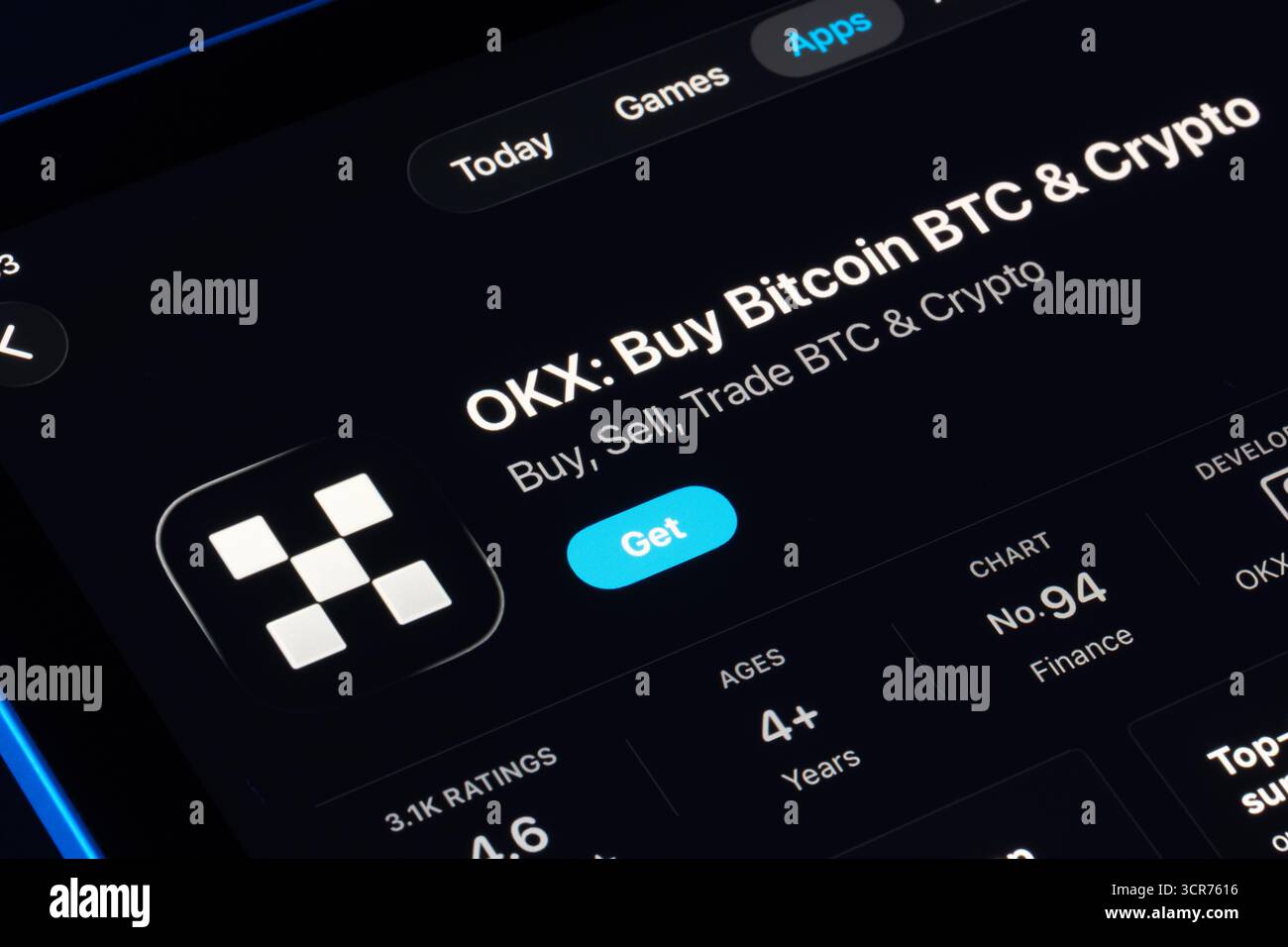 OKX Buy Bitcoin BTC and Crypto viewed on iPad App Store, Apple Liquid Glass style in iOS 26 with new rounded glassy panels. Stafford, United Kingdom, Stock Photo
