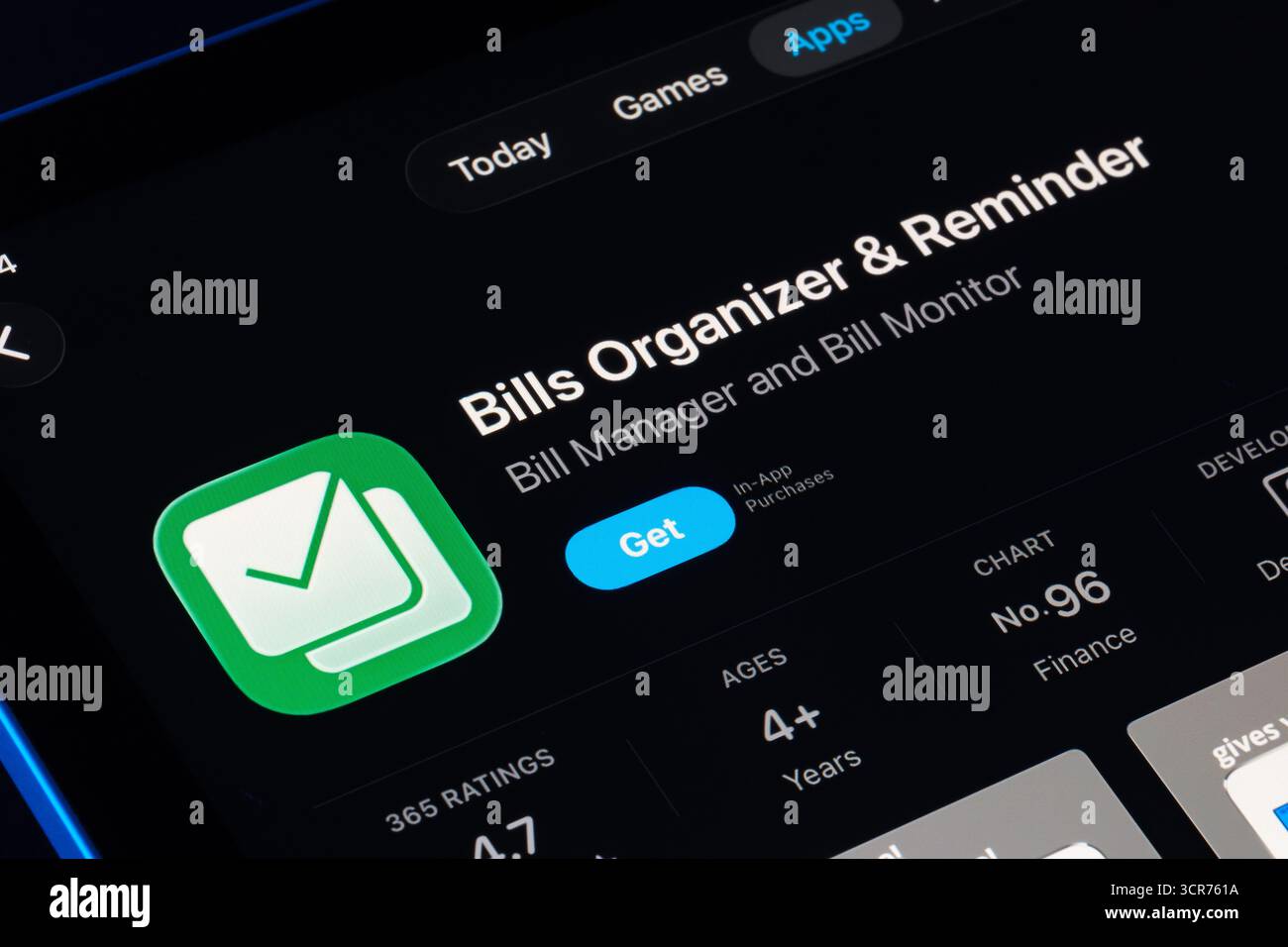 Bills Organizer and Reminder on iPad App Store with Apple Liquid Glass design in iOS 26, updated interface and icon shown. Stafford, United Kingdom, S Stock Photo