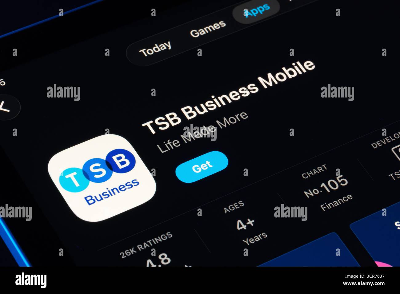 TSB Business Mobile on iPad App Store with Apple Liquid Glass design in iOS 26, updated interface and icon shown. Stafford, United Kingdom, September Stock Photo