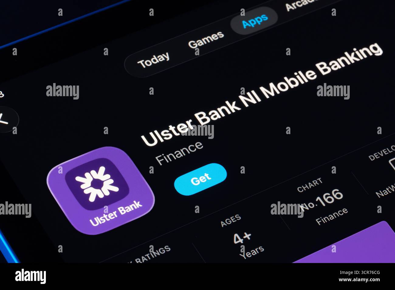 Ulster Bank NI Mobile Banking on iPad App Store with Apple Liquid Glass design in iOS 26, updated interface and icon shown. Stafford, United Kingdom, Stock Photo