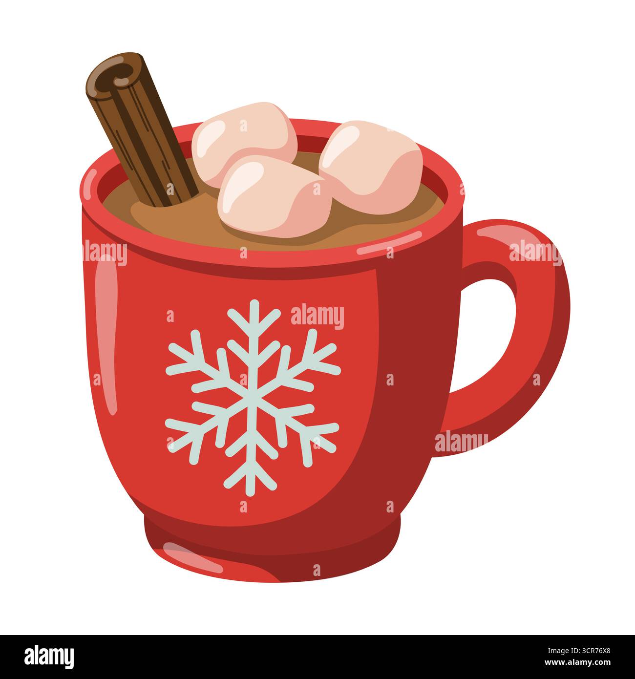 Cup of hot chocolate with marshmallows and cinnamon in cute cartoon style. Hand drawn vector isolated illustration. Stock Vector