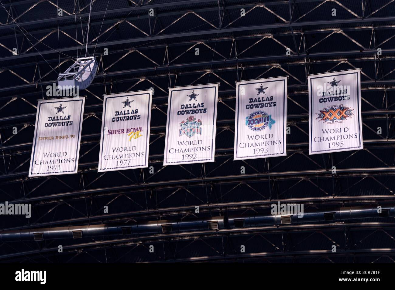 The Dallas Cowboys' Super Bowl banners hang in the rafters of AT&T ...