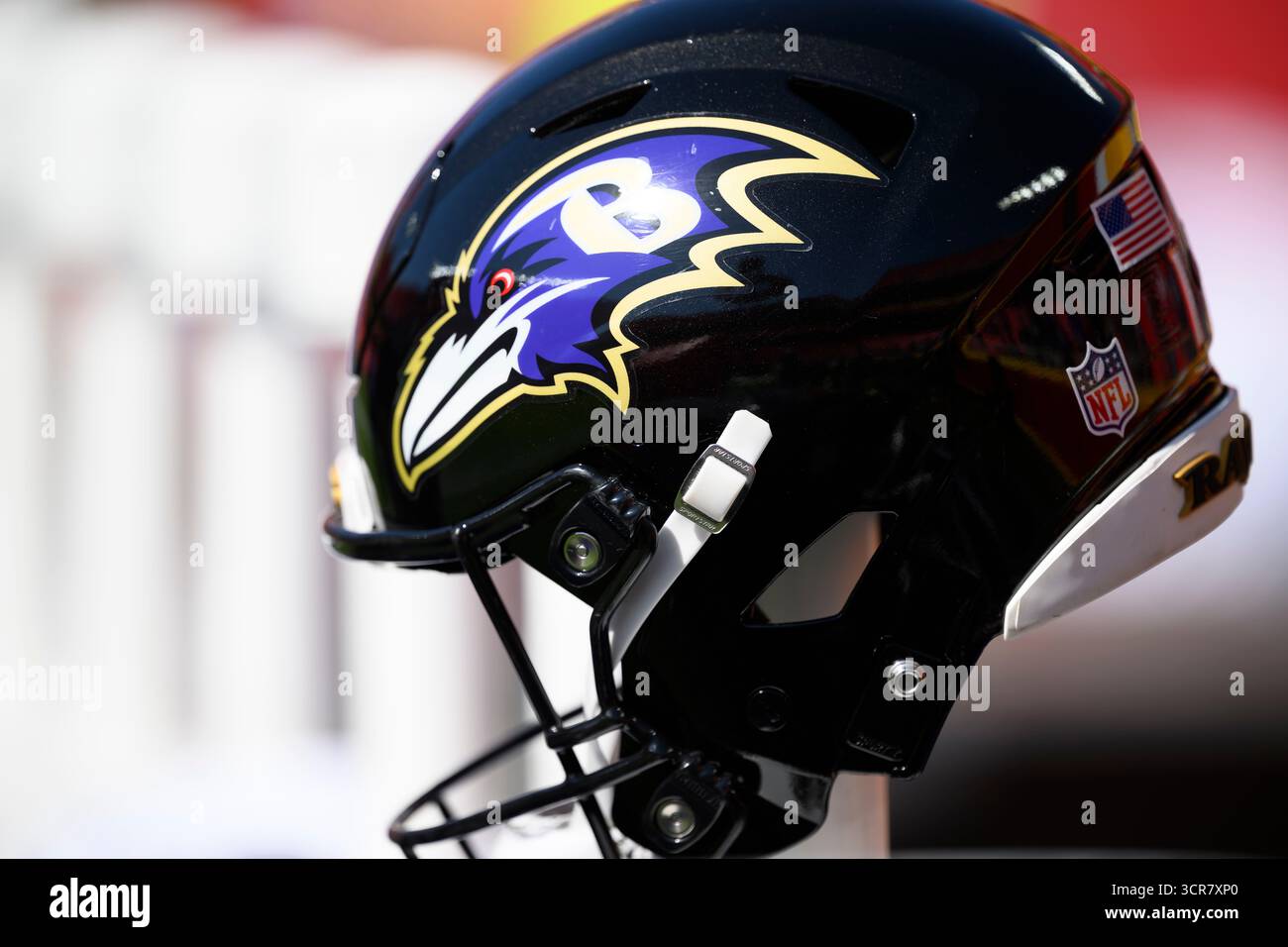 A Baltimore Ravens helmet in the bench area during warmups before an ...