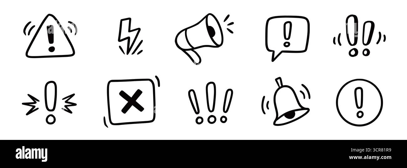 Doodle warning sign icon set. Hand drawn warning marks and exclamation ...