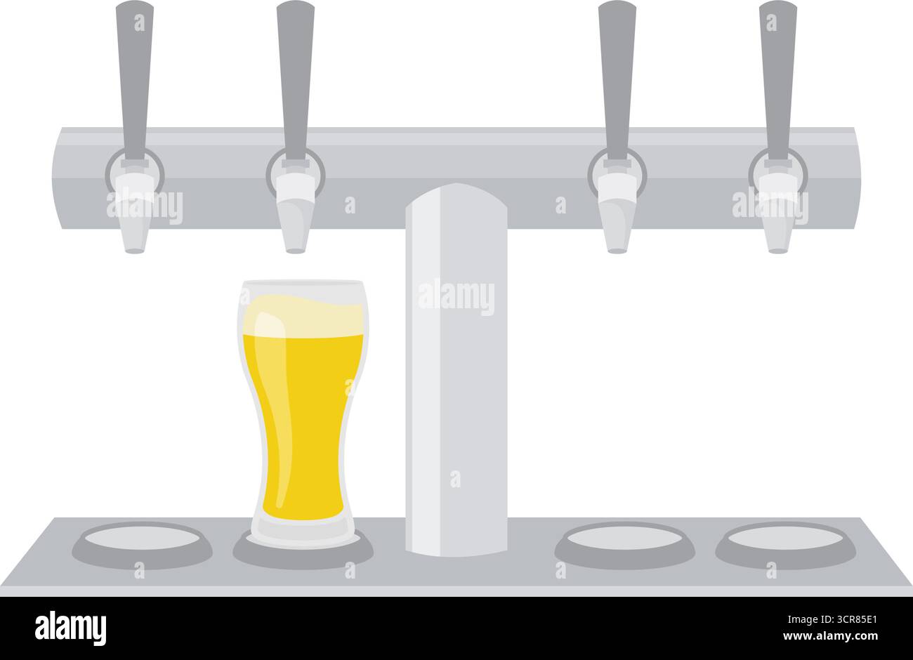 Row of beer taps on the bar at a pub or restaurant with a beer poured ...