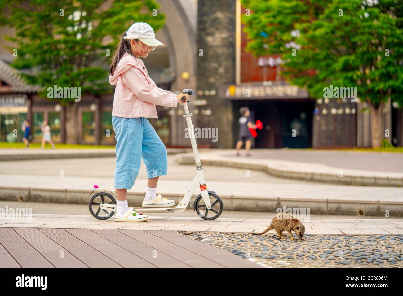 Asian girl is going to ride a scooter. Copy space. High quality photo ...