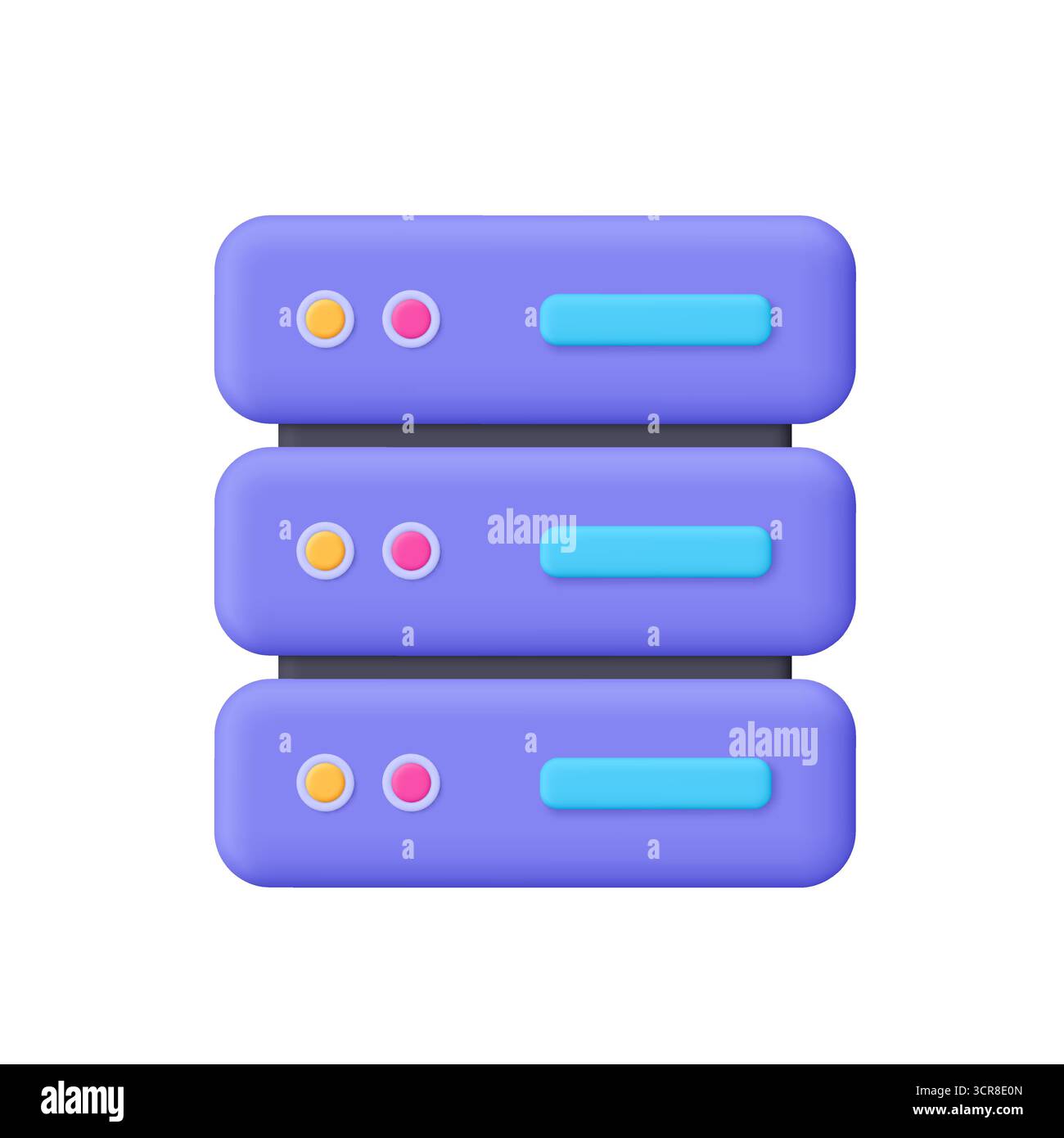 Purple server with units. Data memory and data center. Data storage, cloud computing, database, IT and web hosting concept. 3d vector icon. Cartoon mi Stock Vector
