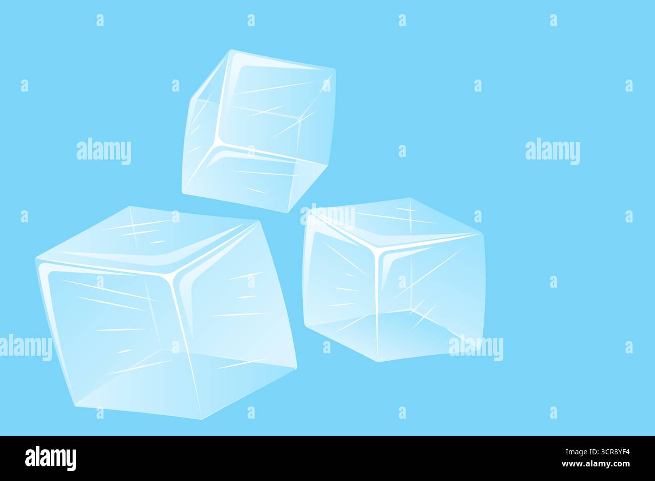Illustration of three translucent ice cubes with sharp edges and realistic reflections, floating on a clean background. Ideal for food and drink desig Stock Vector