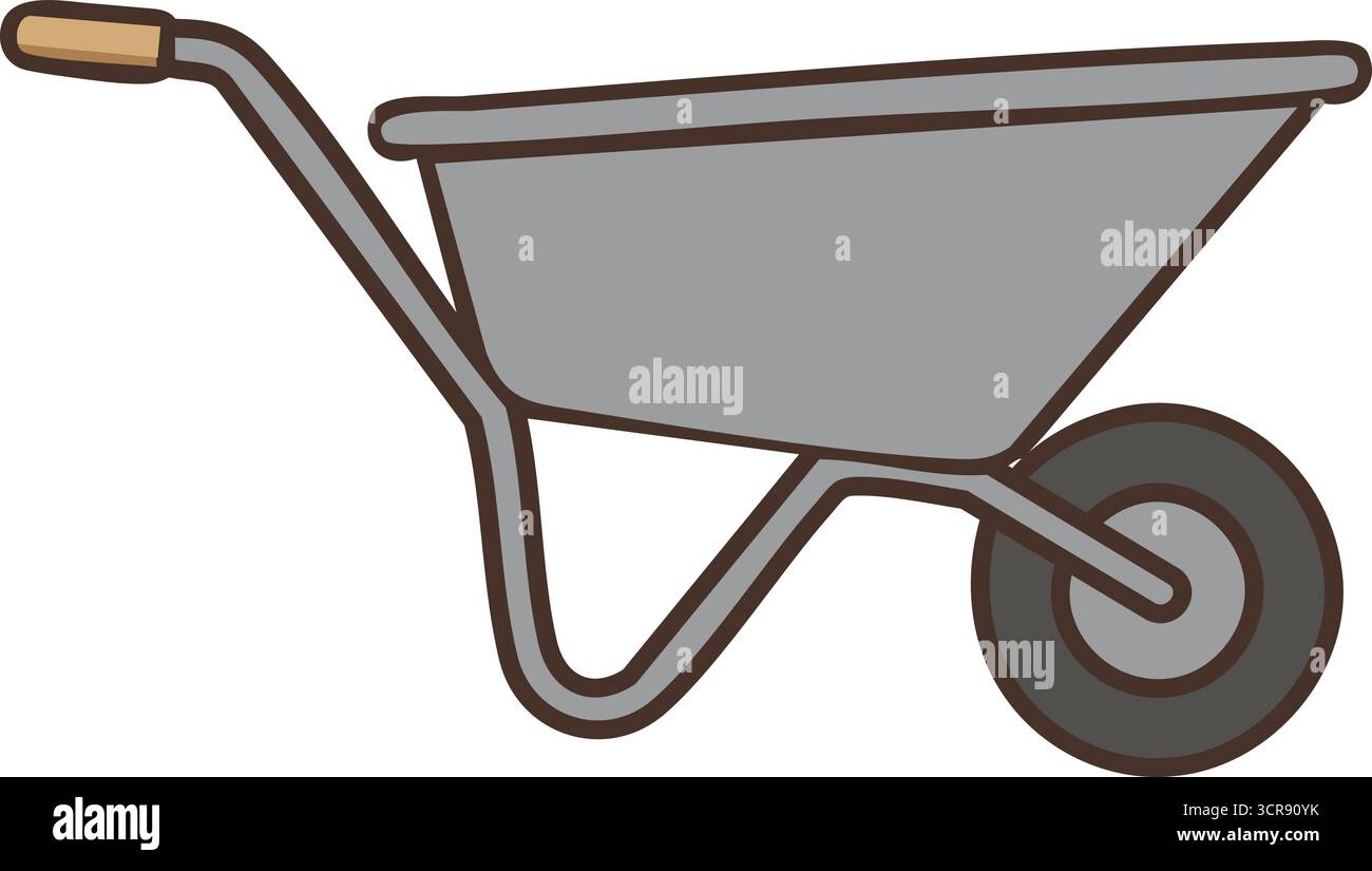 A compact wheelbarrow with deep gray tray single front wheel and long handles for hauling yard materials Stock Vector