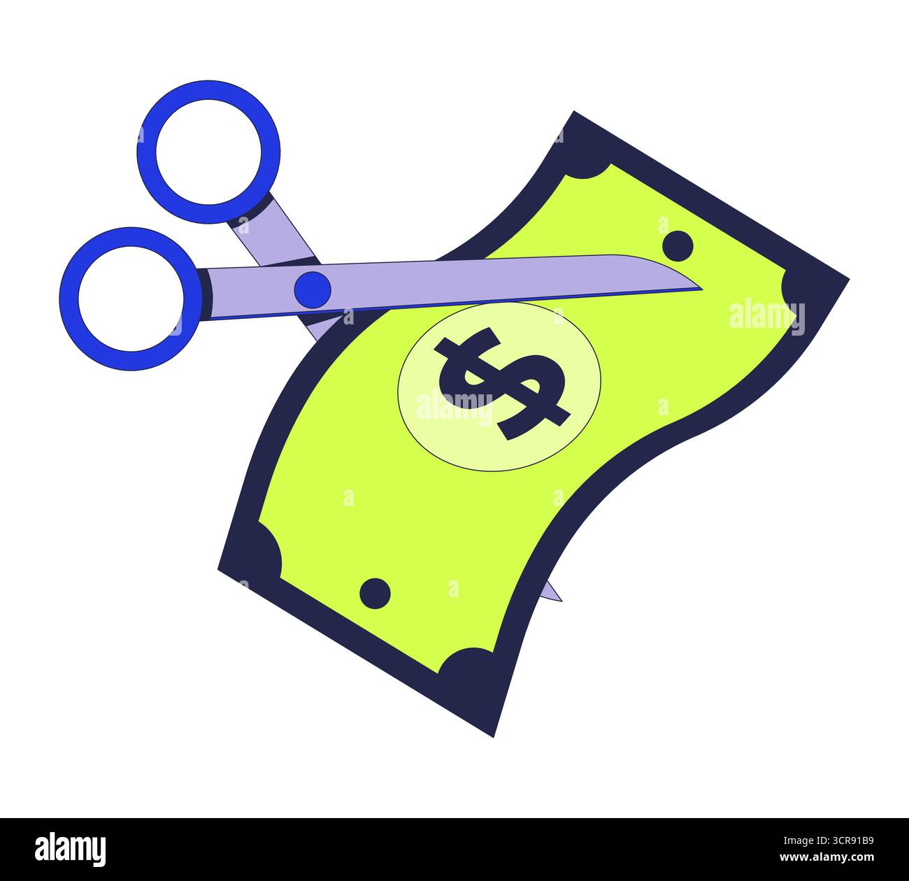 Scissors cutting dollar bill 2D cartoon object Stock Vector