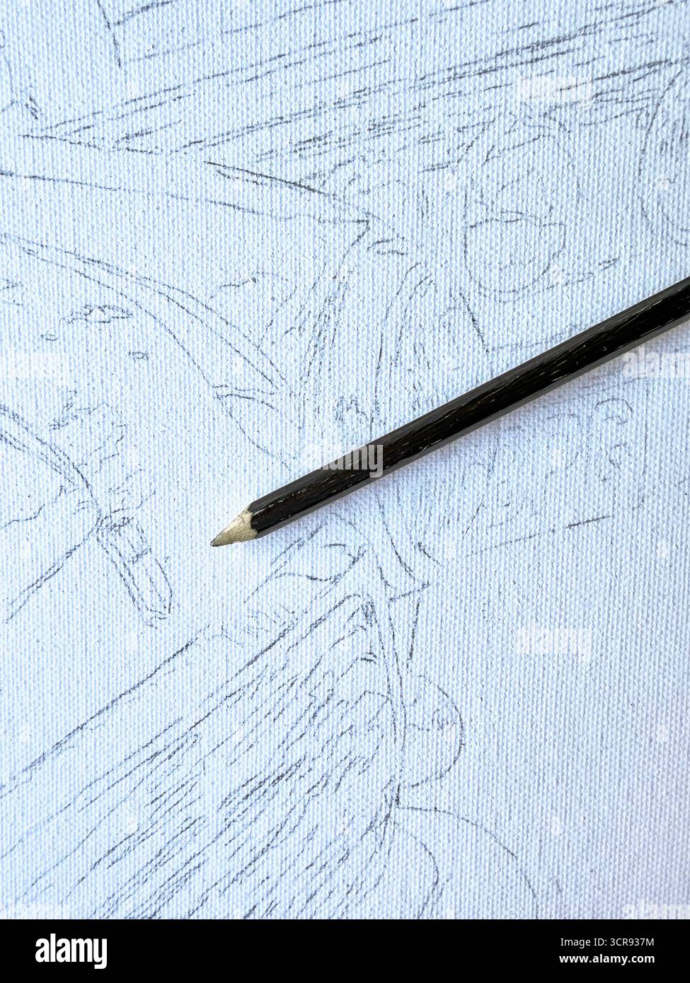 Close-up of a pencil sketch of vintage Mini on a white canvas, showcasing detailed artistic drawing preparation for oil or acrylic painting - Smartphone Captured Stock Image Close-up of a pencil sketch of vintage Mini on a white canvas, showcasing detailed artistic drawing preparation for oil or acrylic painting - Smartphone Captured Stock Image