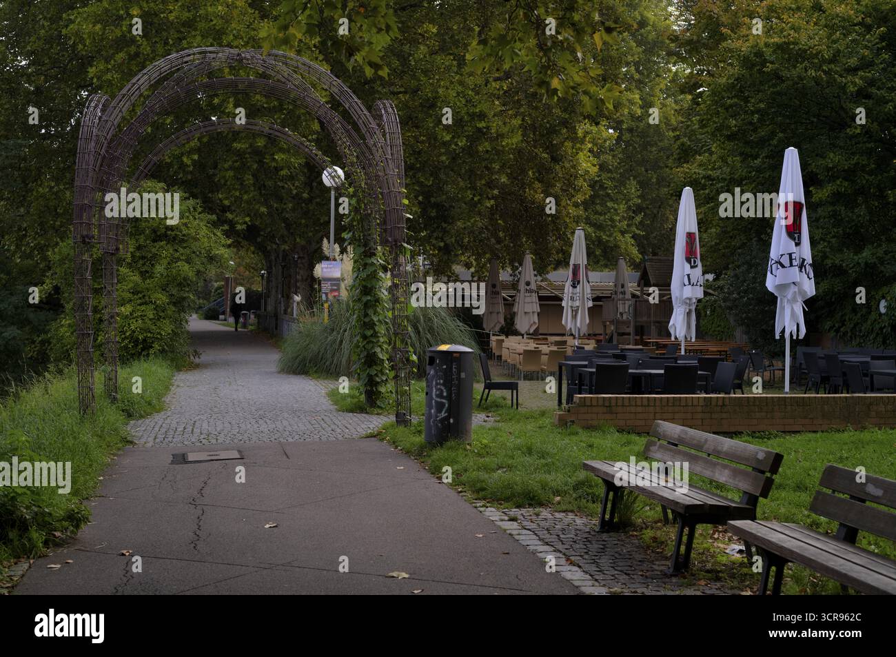 Beer garden on the Neckar, Neckar beer garden, empty, closed, Dinkelacker logo, Bad Cannstatt, Stuttgart, Baden-Wuerttemberg, Germany Stock Photo