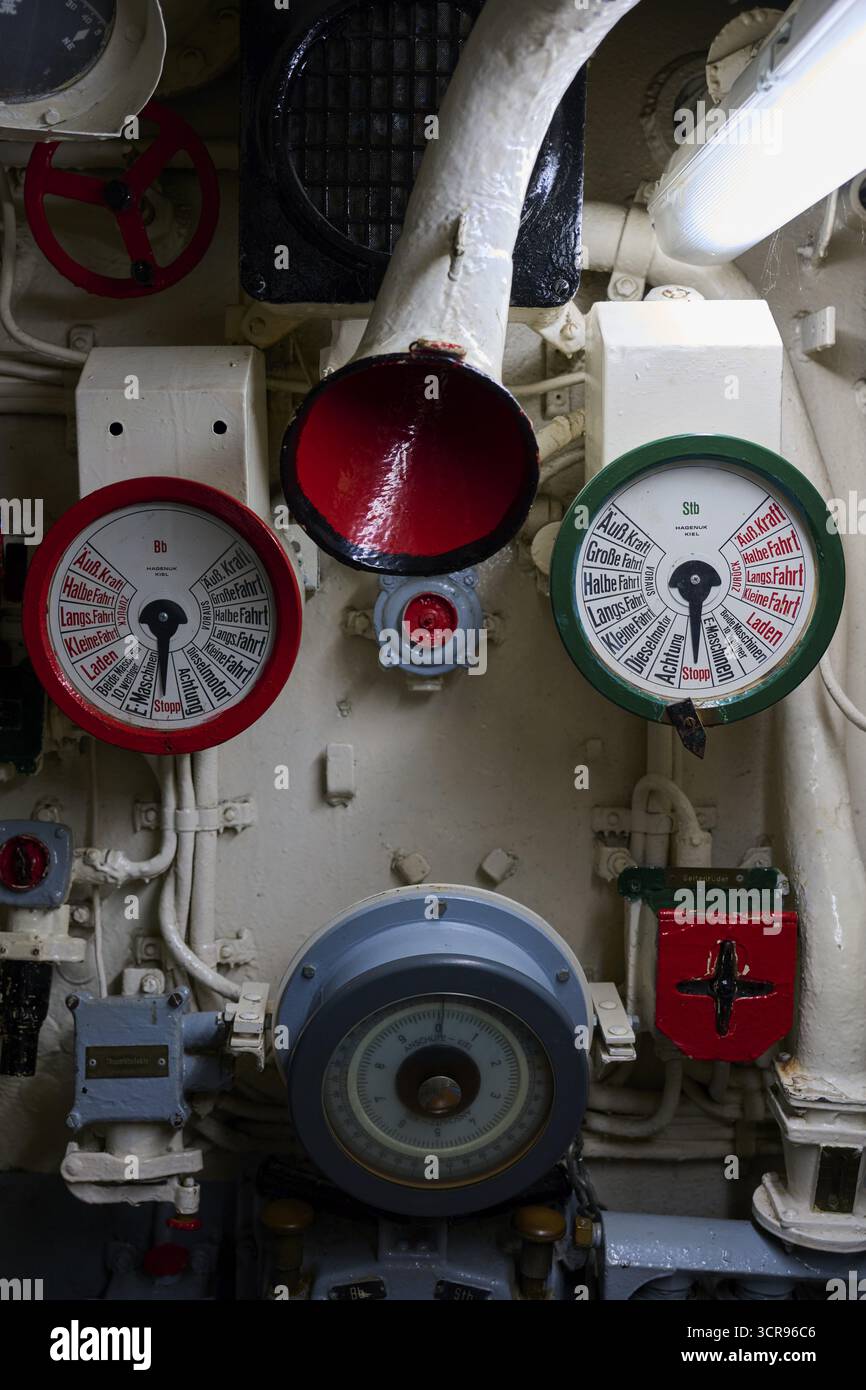 Various machine instruments in a ship with a red and green border ...