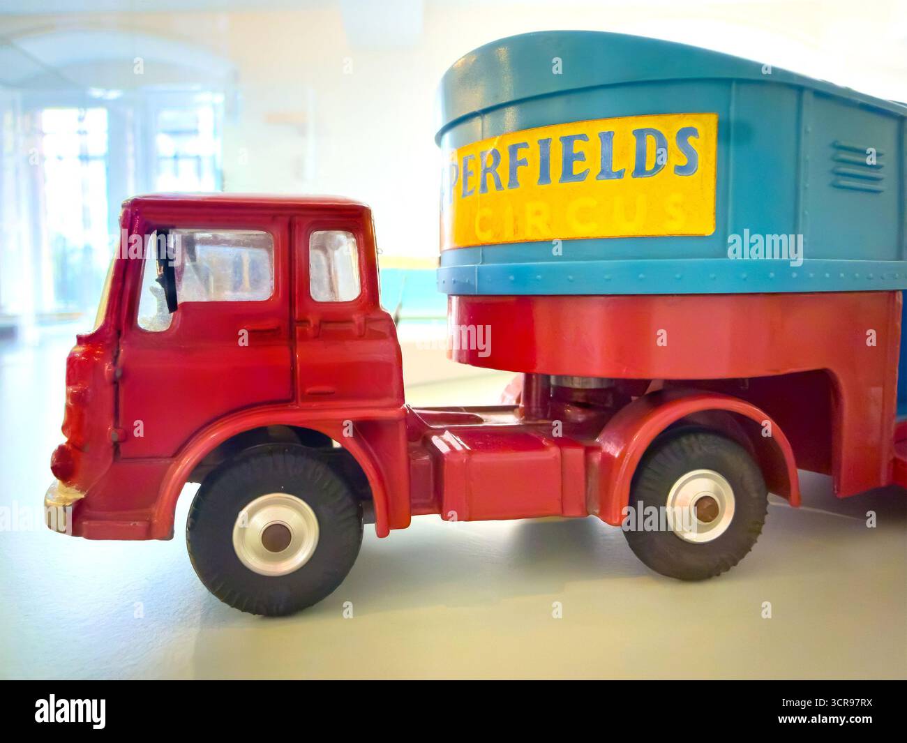 Close-up of a vintage Corgi major toy truck model with red cab blue trailer featuring  yellow Chipperfields circus sign - articulated circus horse box - Smartphone Captured Stock Image Close-up of a vintage Corgi major toy truck model with red cab blue trailer featuring  yellow Chipperfields circus sign - articulated circus horse box - Smartphone Captured Stock Image