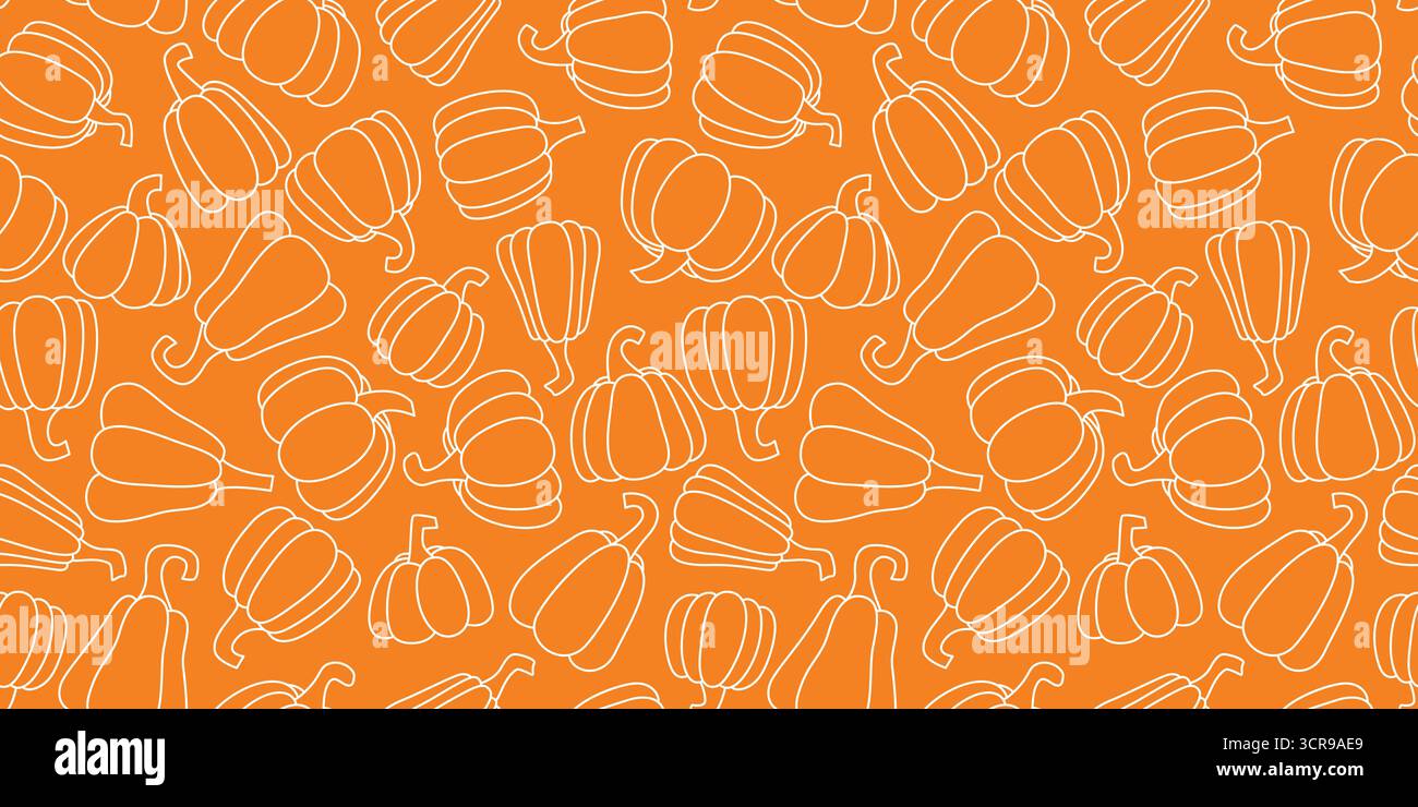 Silhouette of various pumpkins on orange background, seamless pattern. Autumn background with gourd vegetables. Fall vegetables for printing on paper, Stock Vector