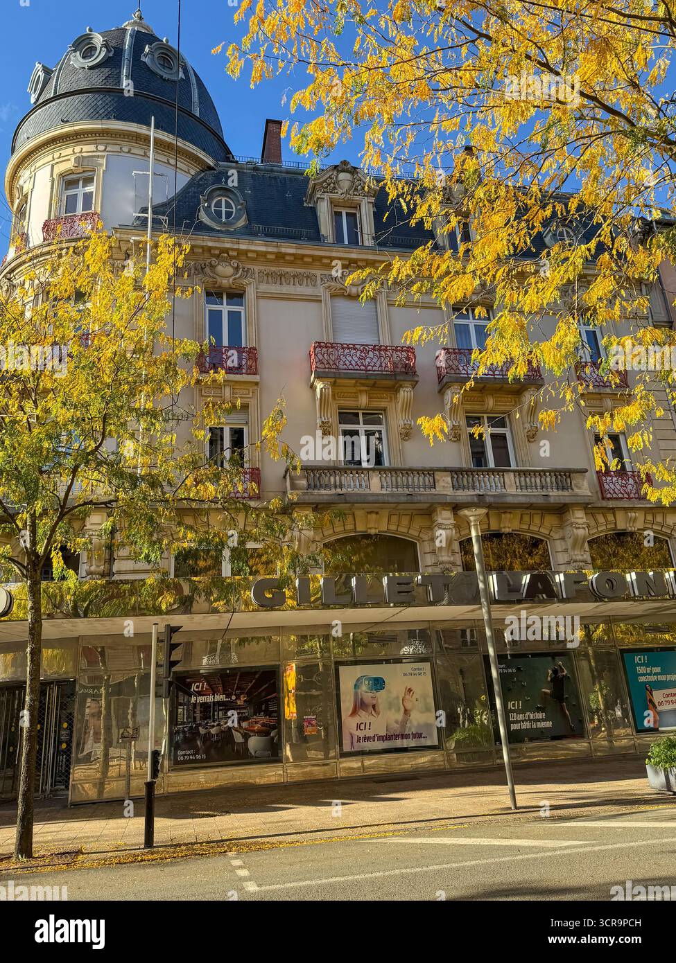 corner view of a historic Haussmannian style building with a dome and ornate facade, framed by golden autumn leaves under a clear blue sky - Smartphone Captured Stock Image