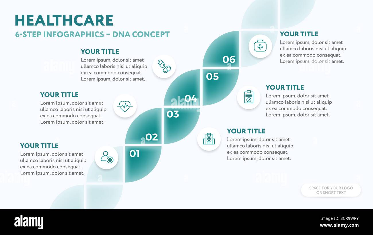 Medical infographics template with DNA concept - linear 6 step illustration for business presentation slide with healthcare icons in flat style Stock Vector